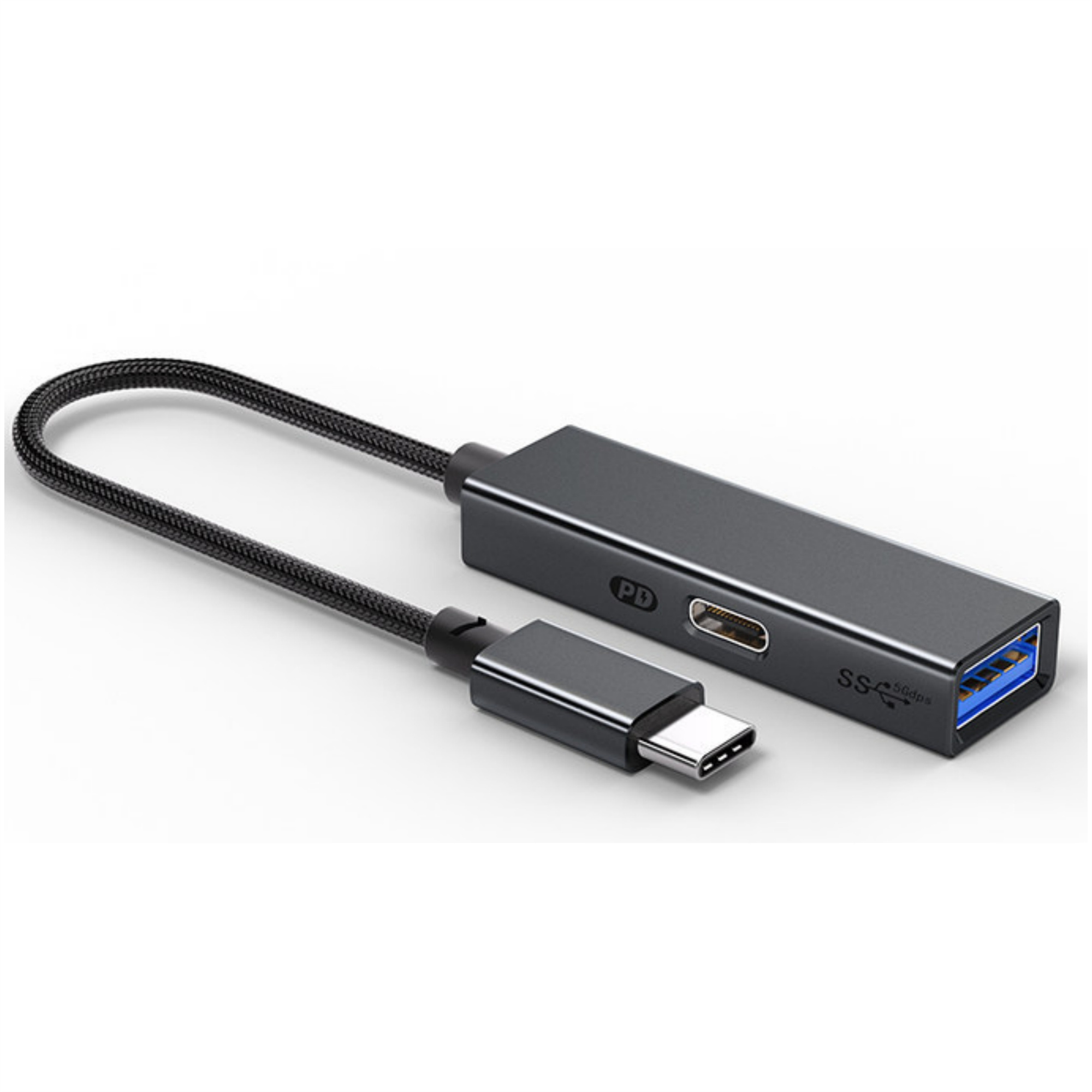 Dunkelgrauer USB-C-Hub mit USB-A- und USB-C-Anschluss auf weißem Grund.