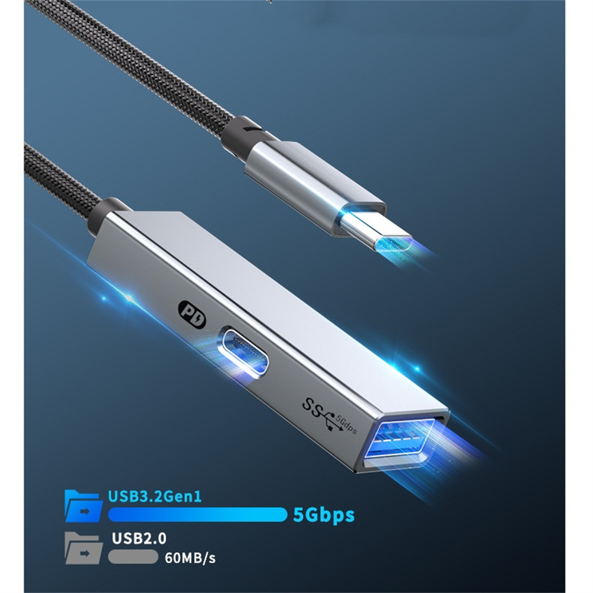 Silbernes und schwarzes USB-C-Kabel mit blau leuchtenden Enden. USB 3.2 Gen1 und 5 Gbit/s.