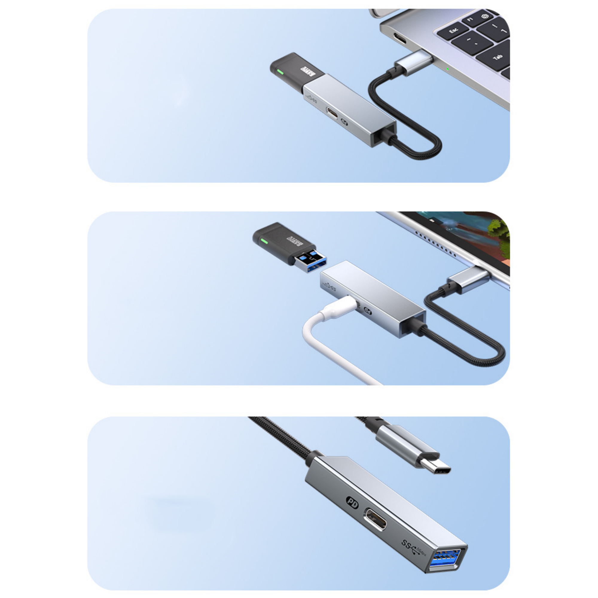Verschiedene Ansichten eines silbernen USB-C-Hubs, der an einen Laptop und andere Geräte angeschlossen ist.