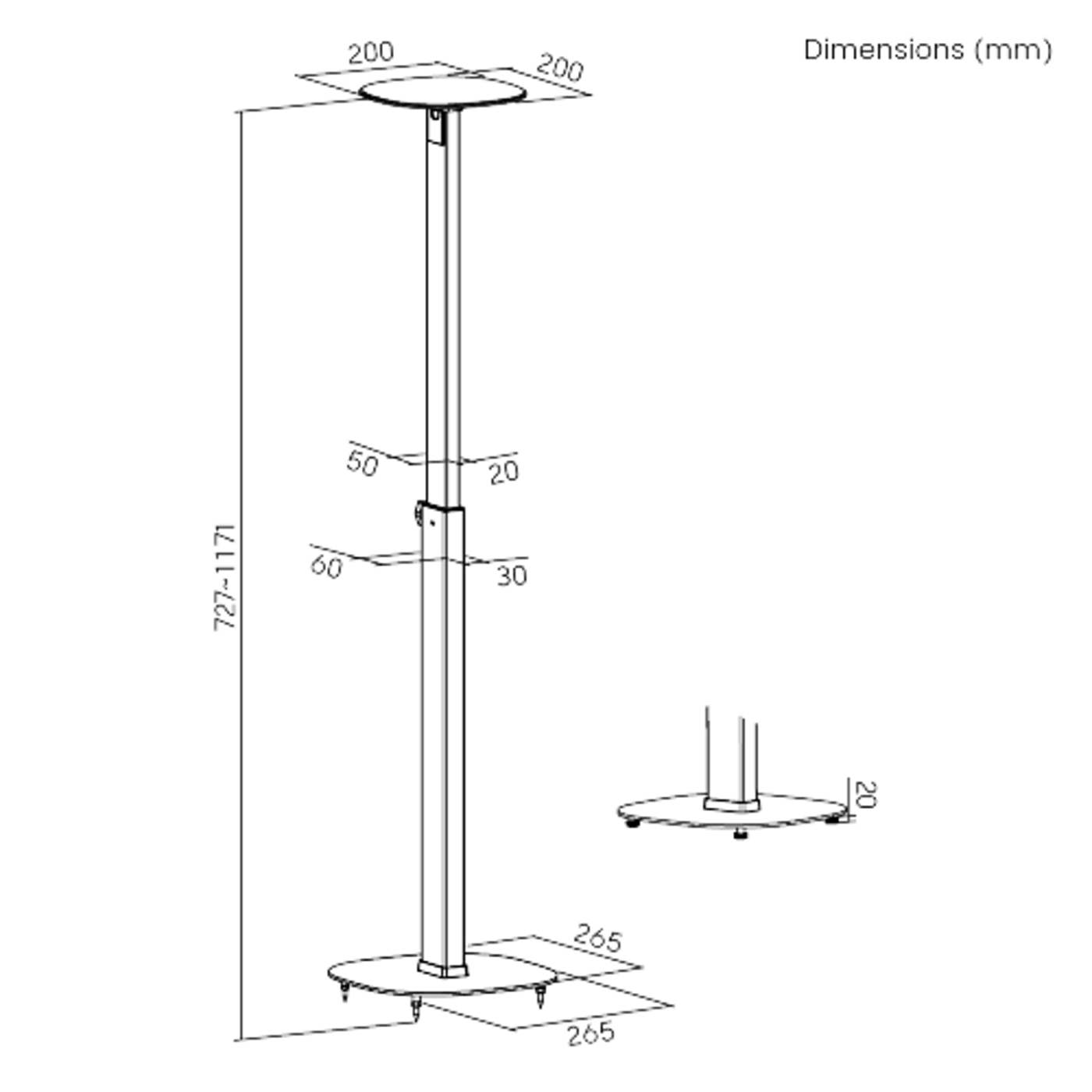 Diagram van een hoge, dunne standaard met afmetingen in mm, op een witte achtergrond.