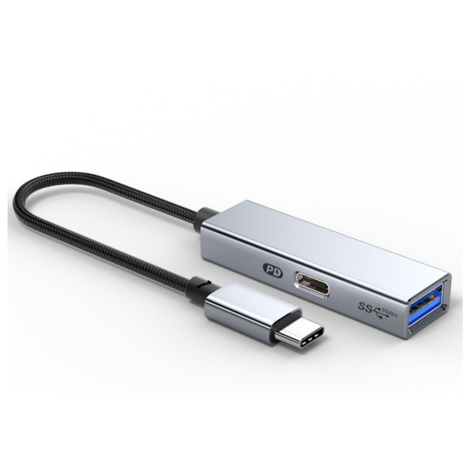 Silberner USB-C-Hub mit USB 3.0 und USB-C-Anschluss und Kabel.
