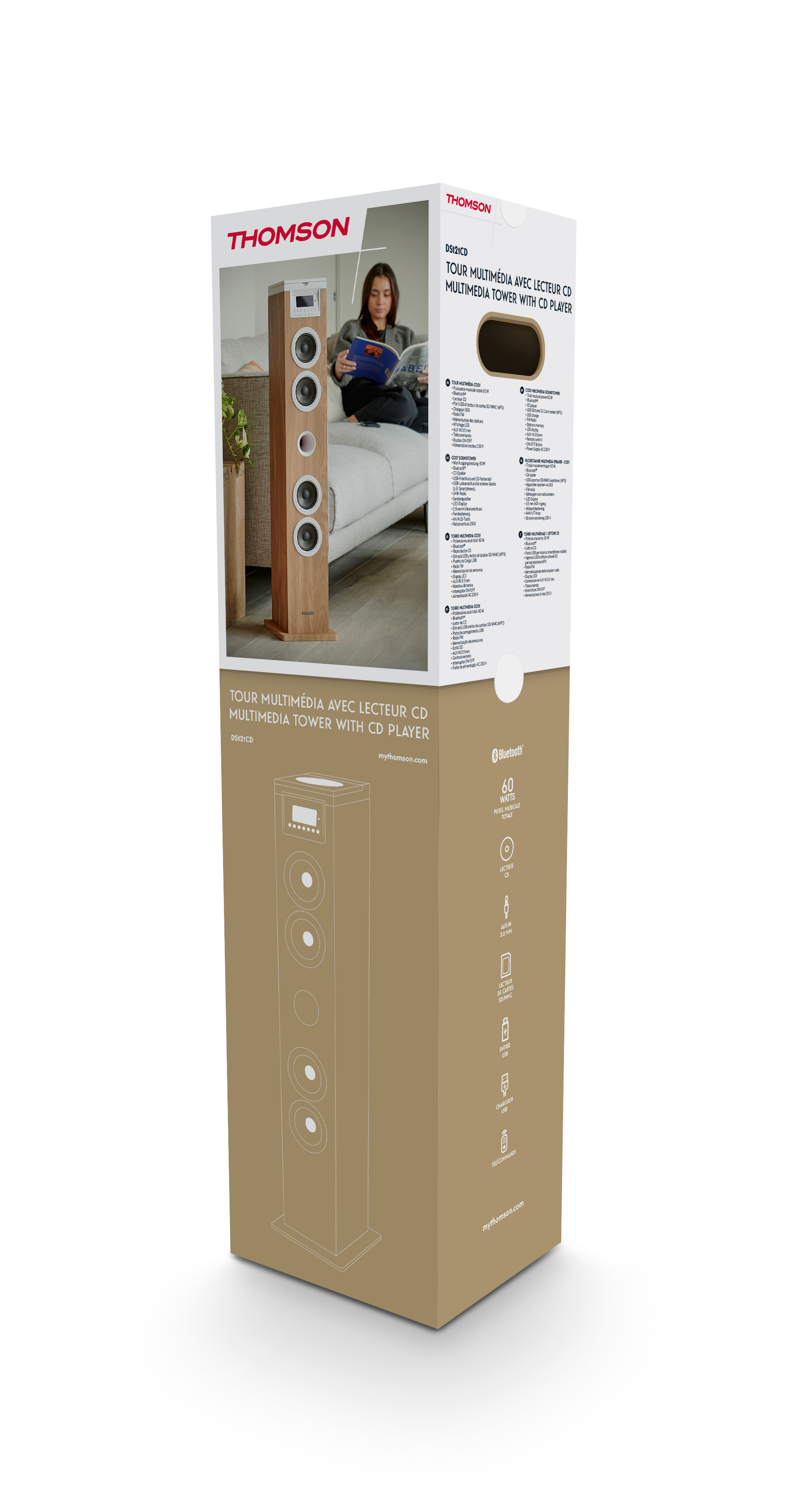 Pudełko głośnika wieżowego Thomson z czytającą kobietą i obrazem głośnika, informacjami o produkcie i różnymi ikonami.