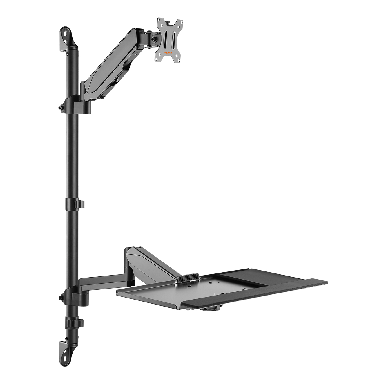 Ein schwarzer Monitorarm mit verstellbarem Tablett und Halterung, vor weißem Hintergrund.