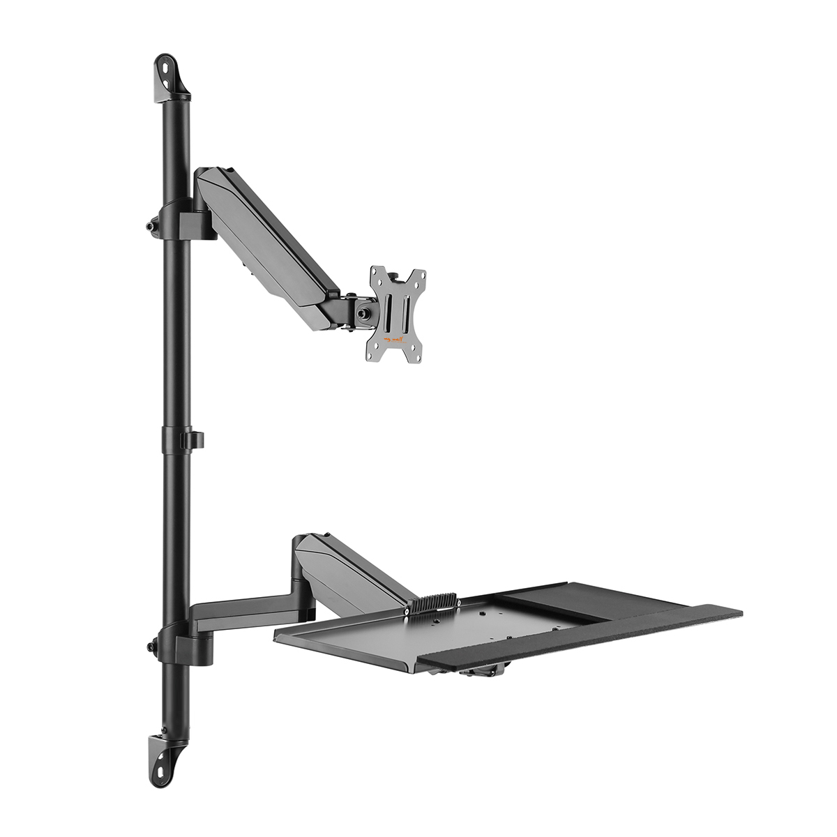 Monitorarm mit Monitorhalterung und Tastaturablage. Der Arm ist schwarz, Hintergrund weiß.