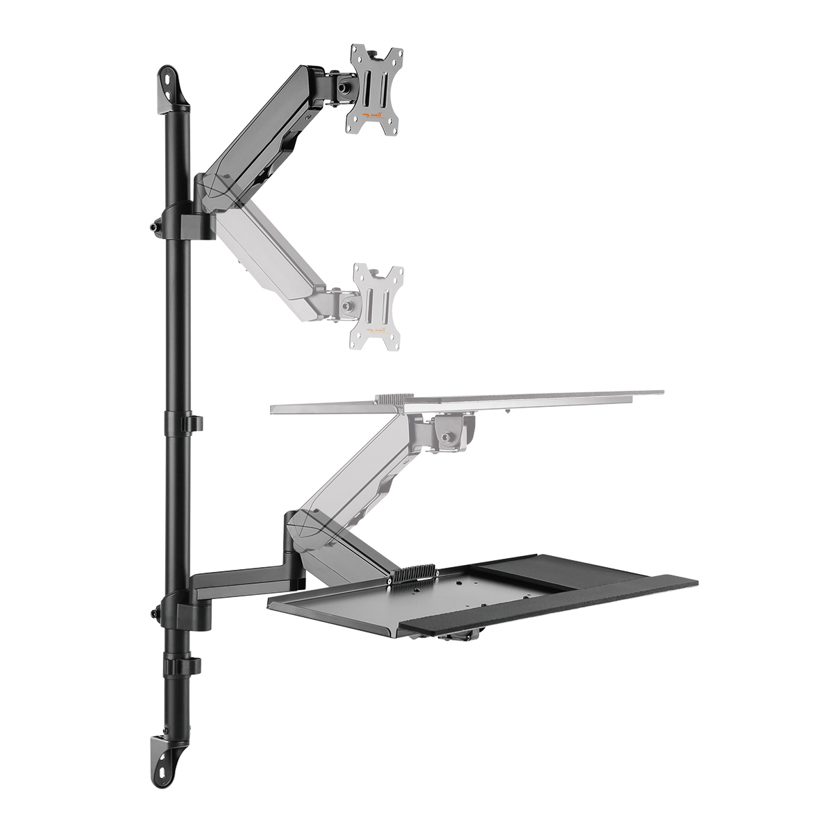 Ein Doppelmonitor- und Tastaturarm, an einer Wand montiert, mit einer schwarzen Tastaturablage.