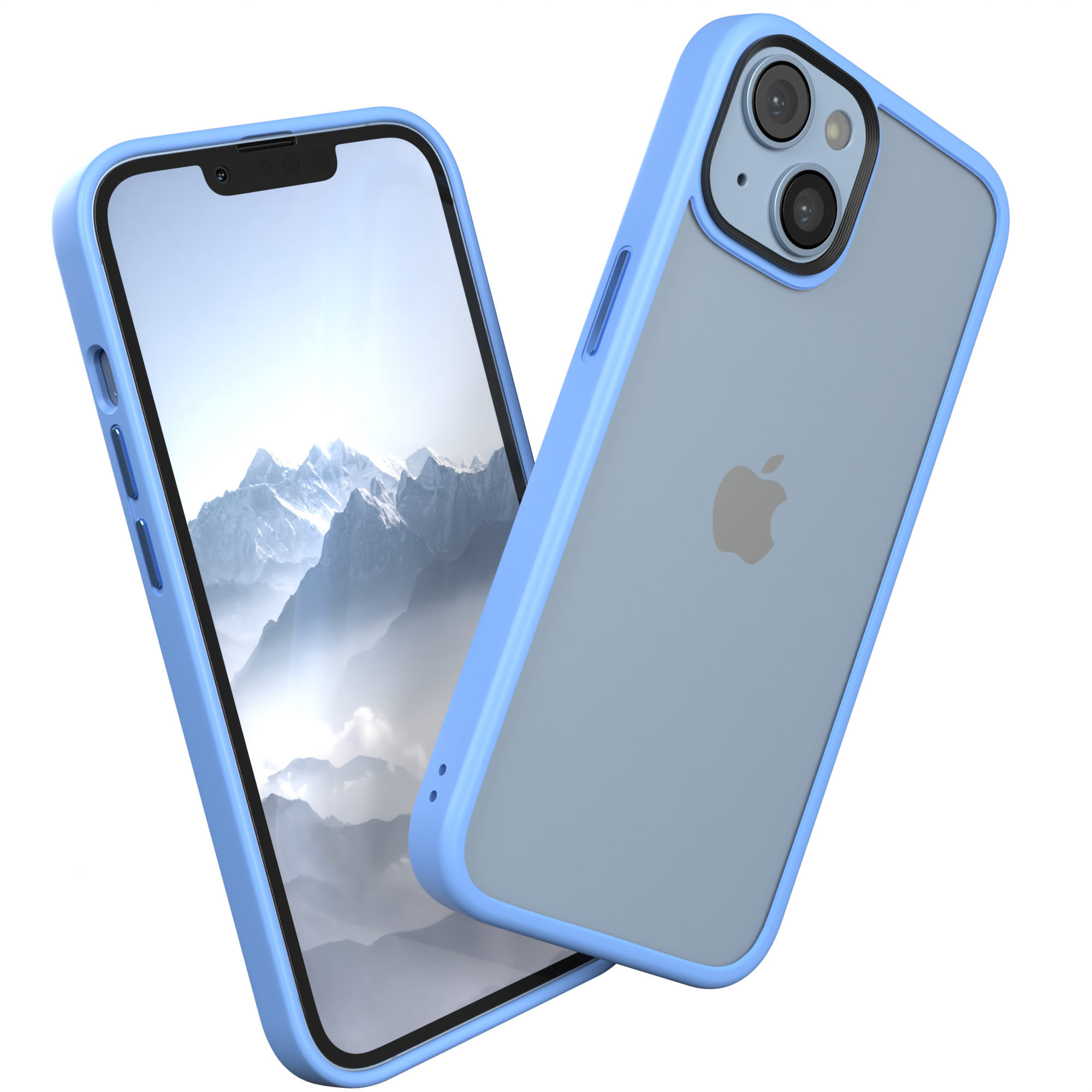 Telefon in einer blauen Hülle. Das Telefon hat eine hellblaue Rückseite und blaue Ränder, weißer Hintergrund.