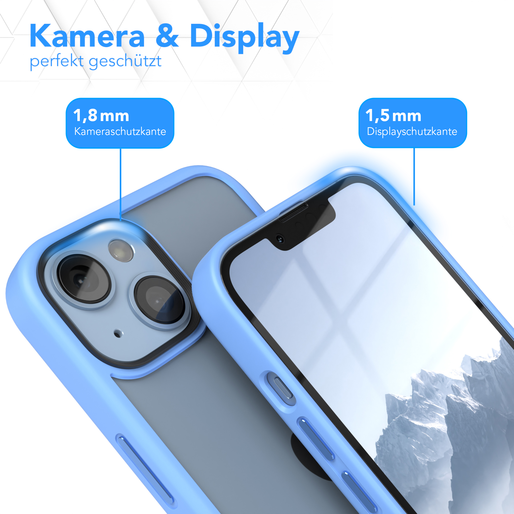 Blaue Handyhülle auf einem Telefon. Text zeigt Kamera- und Displayschutz an.