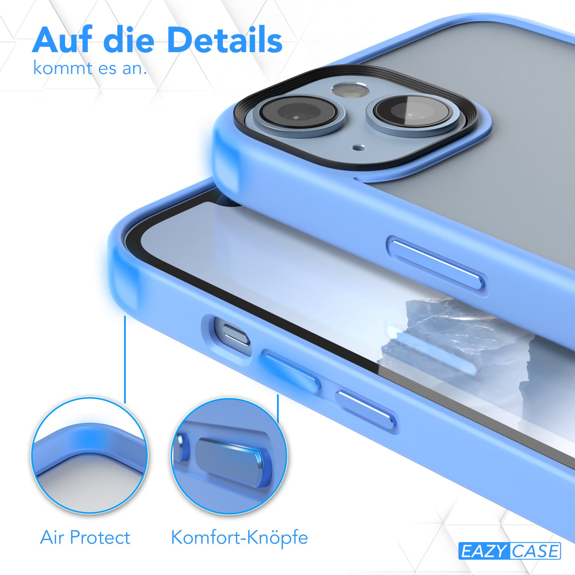Nahaufnahme von zwei Handyhüllen, blaue Außenseite, zeigt Air Protect und Komforttasten.