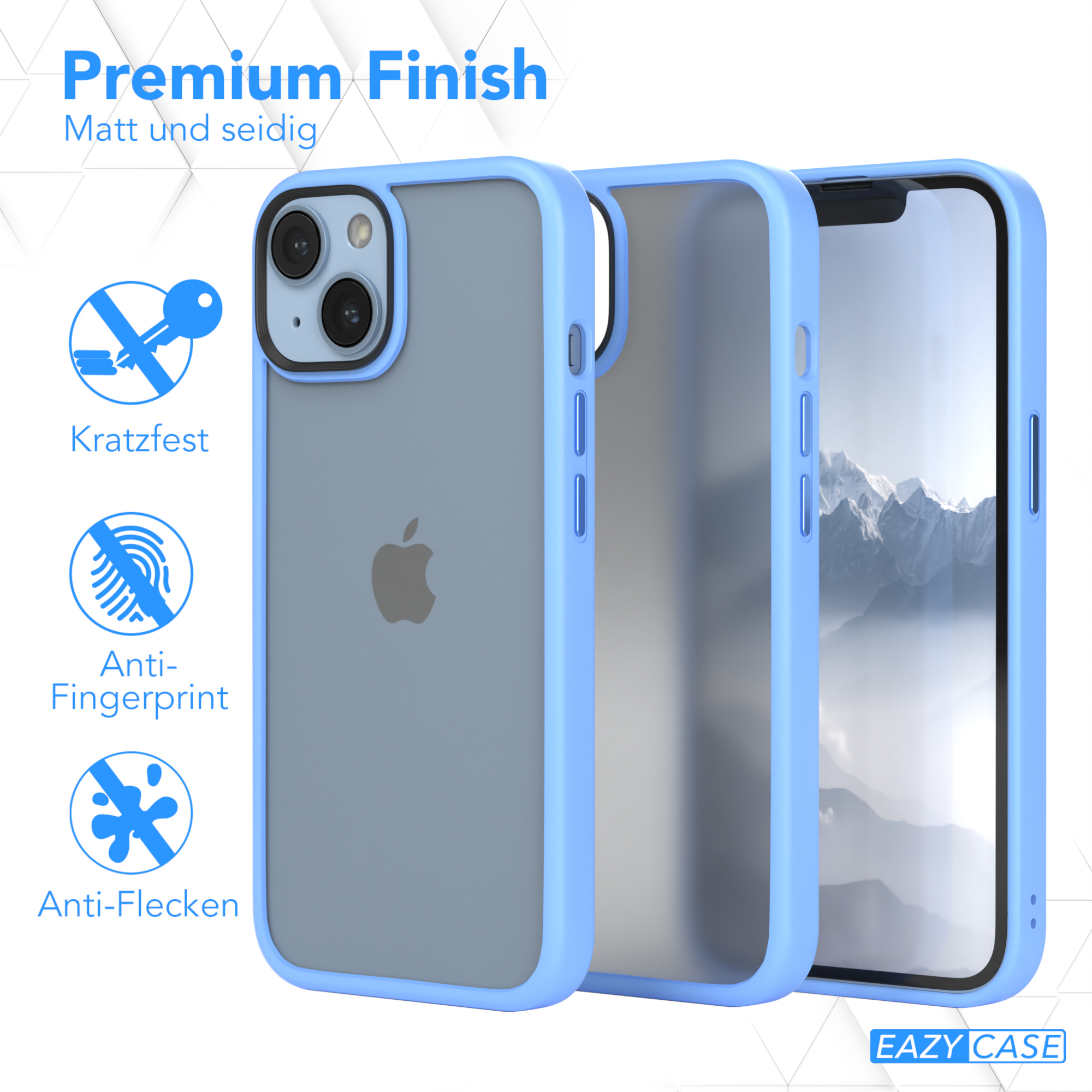 Handyhülle mit blauem Rahmen um das Telefon. Weißer Hintergrund.