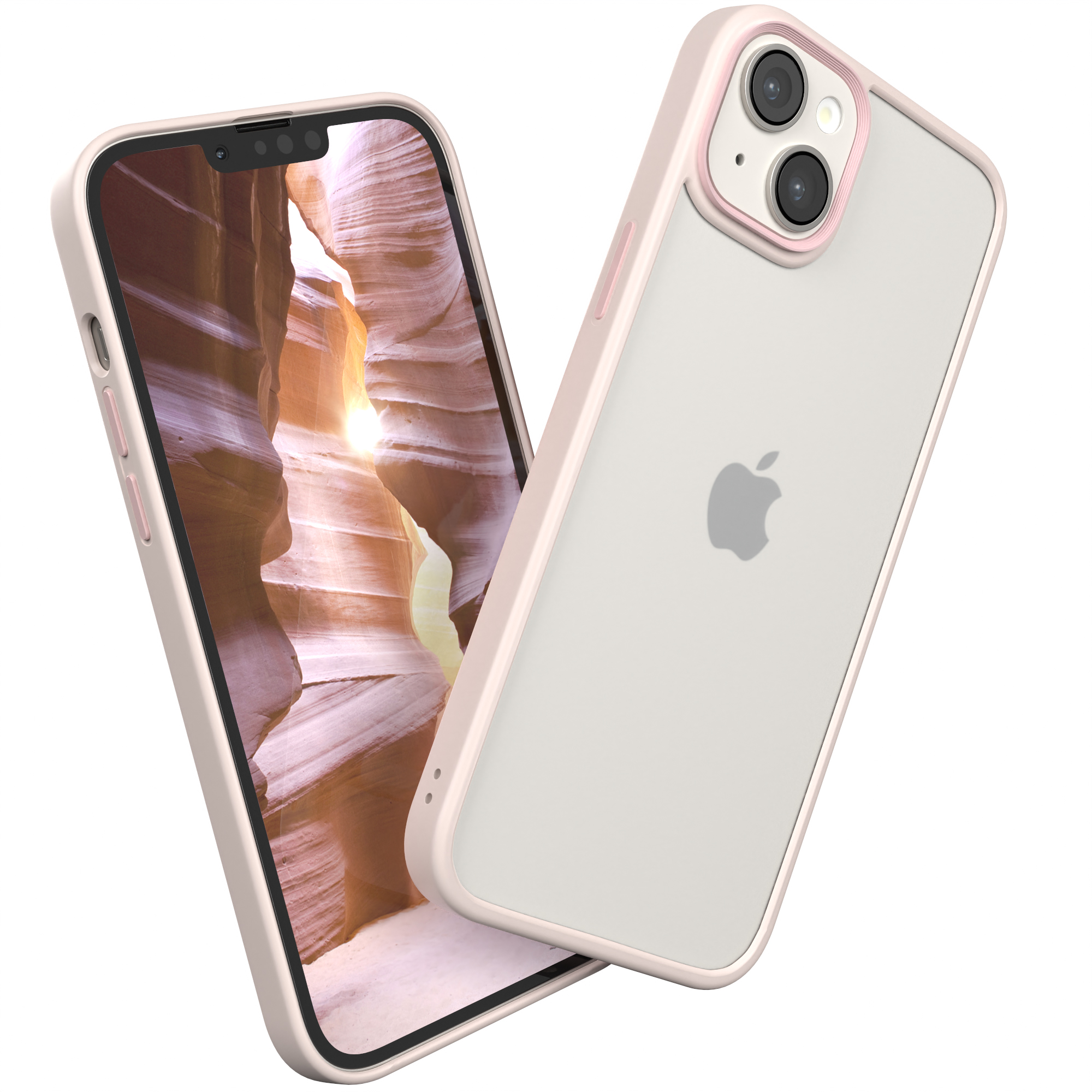 Handyhülle mit Telefon. Transparente Rückseite, rosa Ränder. Zeigt Canyon-Bild. Auf weißem Hintergrund.