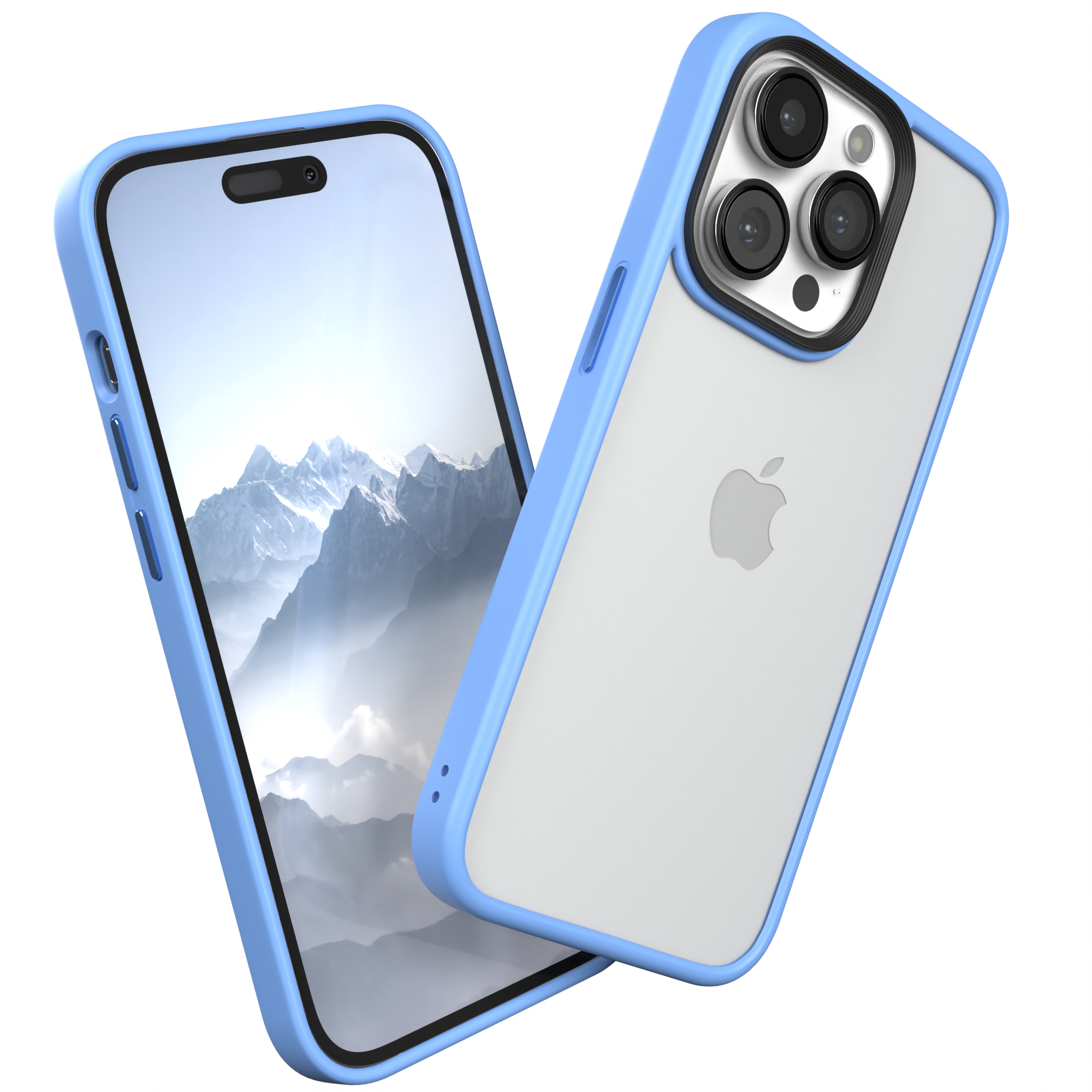 Zwei Smartphones. Eines mit Hülle, das andere ohne. Beide sind hellblau.