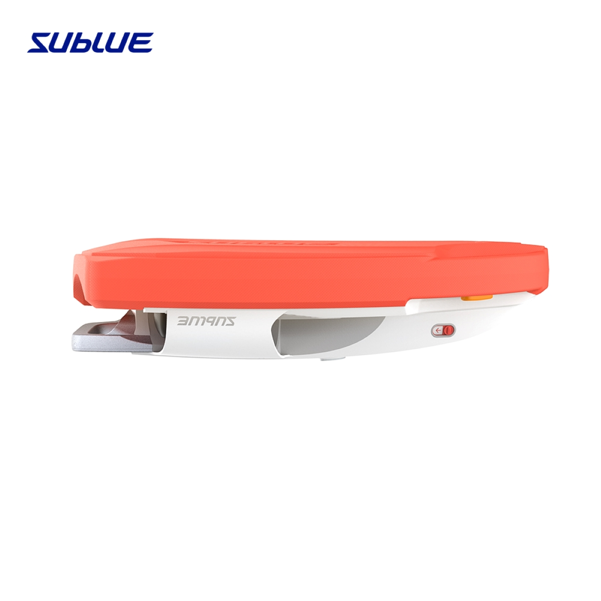 White and orange underwater scooter. The logo 'Sublue' is on top. The scooter is shown from the side.