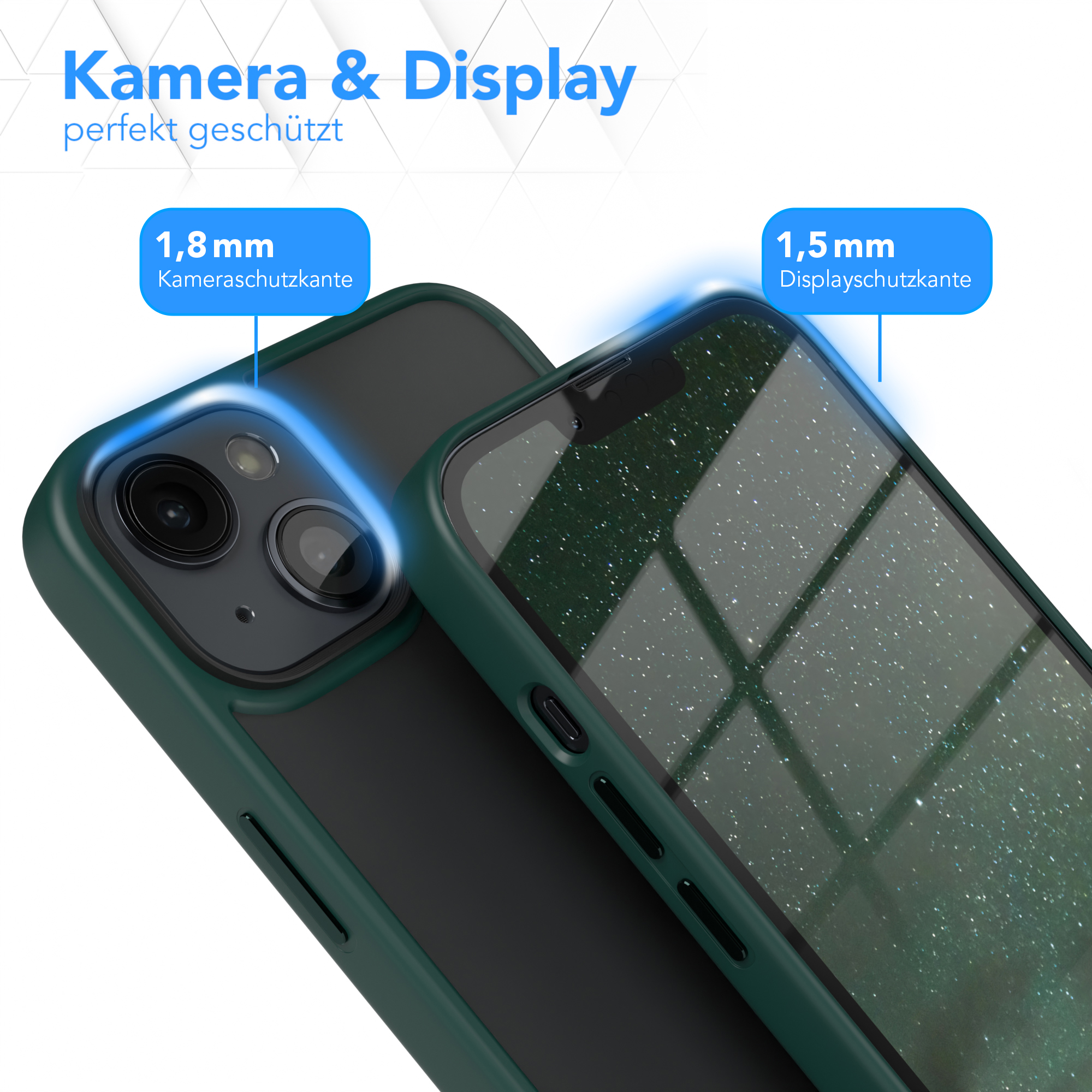 Zwei Telefonhüllen nebeneinander. Eine ist auf einem Telefon. Dunkelgrüne Hülle mit blauen Highlights.