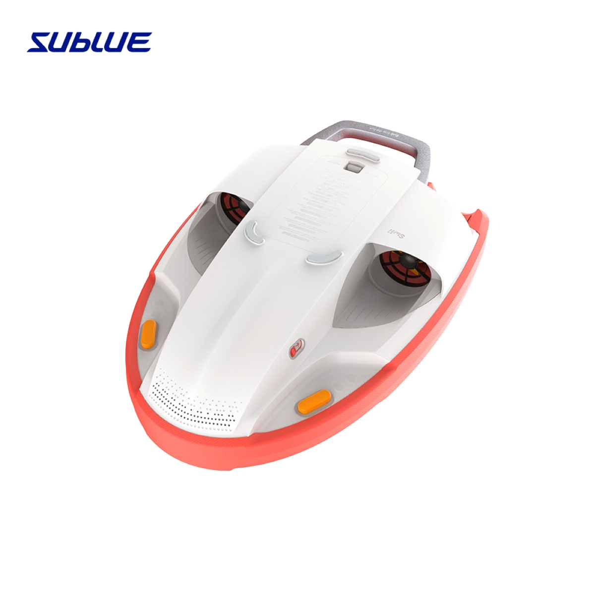 White and red submersible water scooter with the word 'sublue' on top.