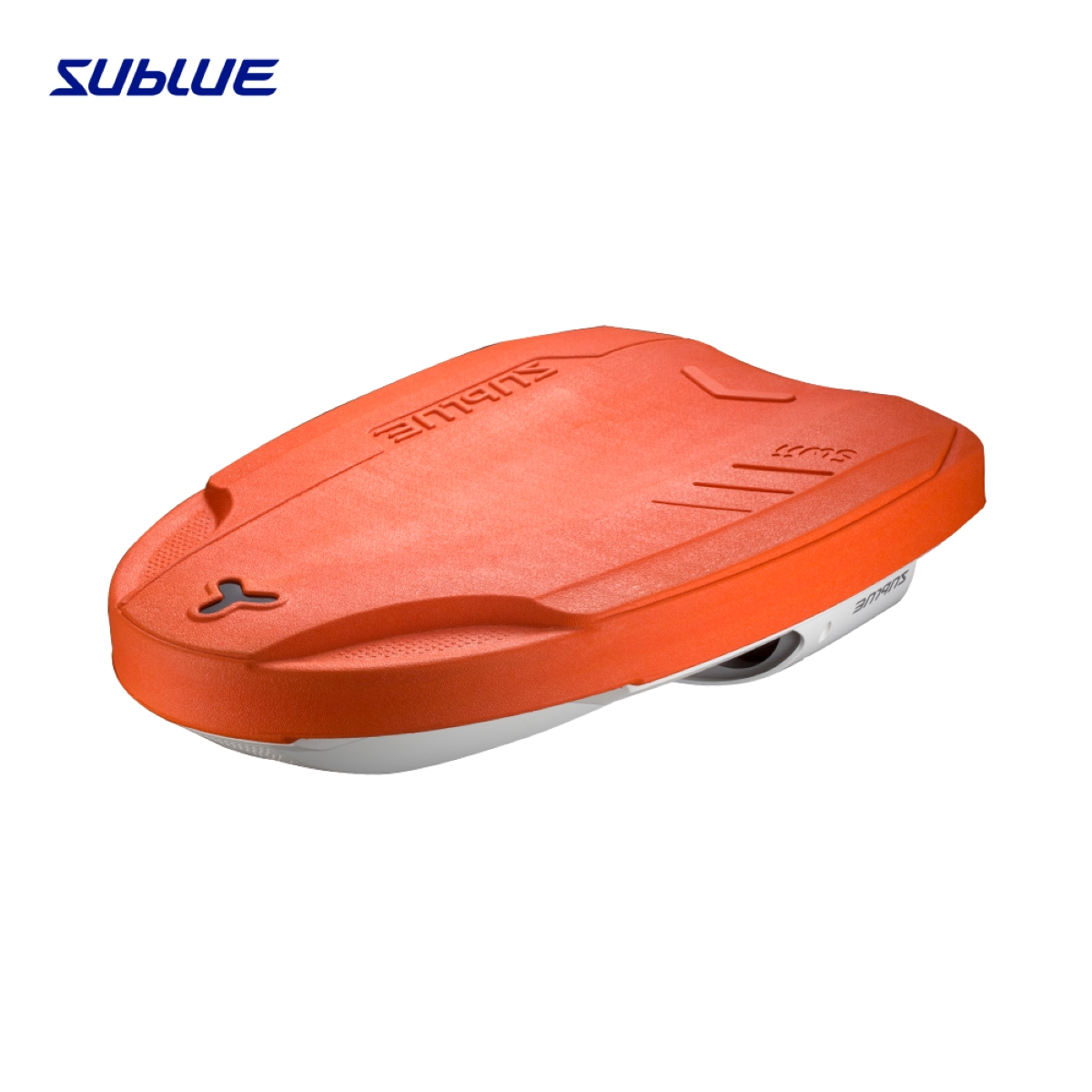 Orange Sublue water scooter, white bottom, on a white surface. Sublue text on top.