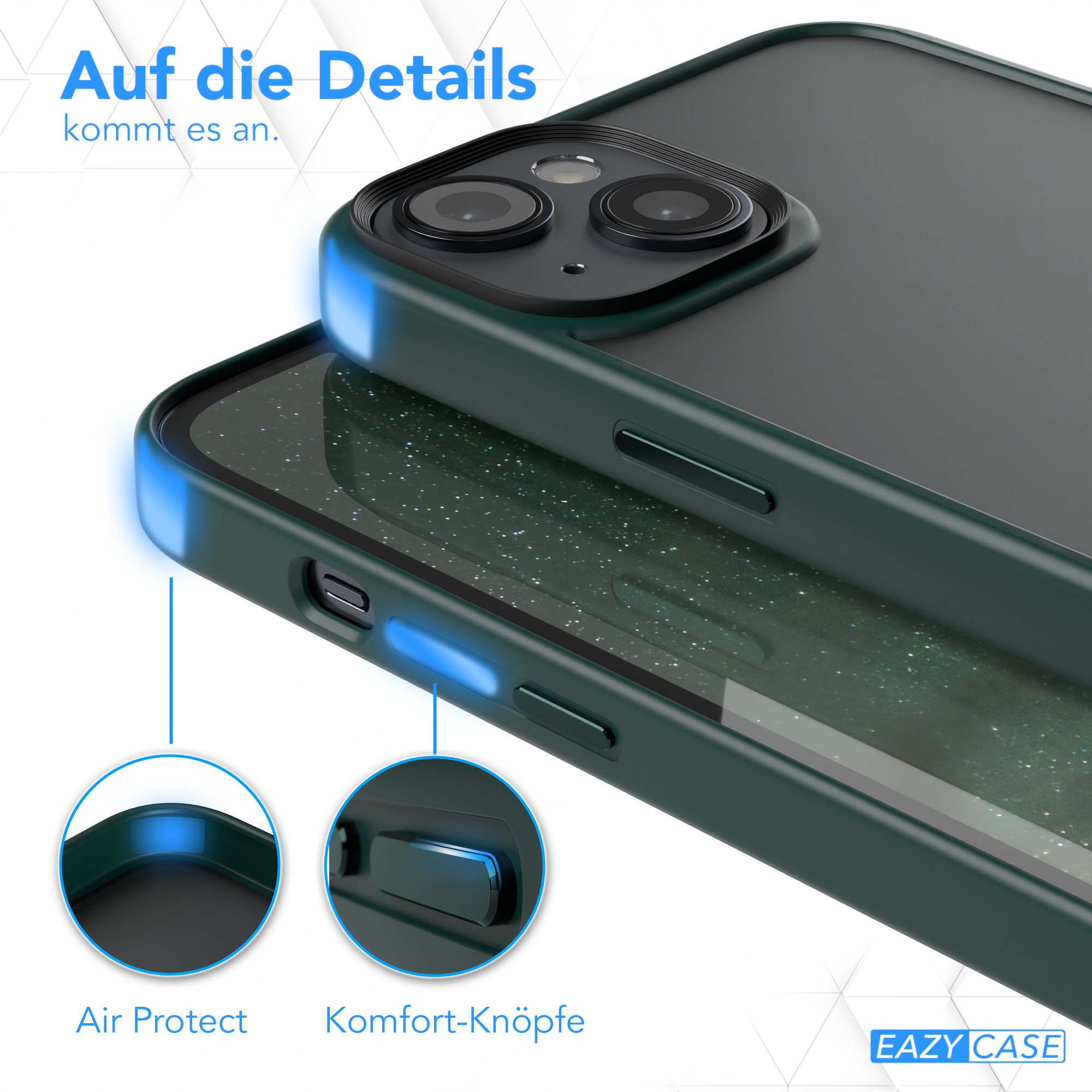 Nahaufnahme einer grünen Handyhülle mit schwarzen Kameralinsen. Text: Air Protect, Komfort-Knöpfe und Auf die Details.