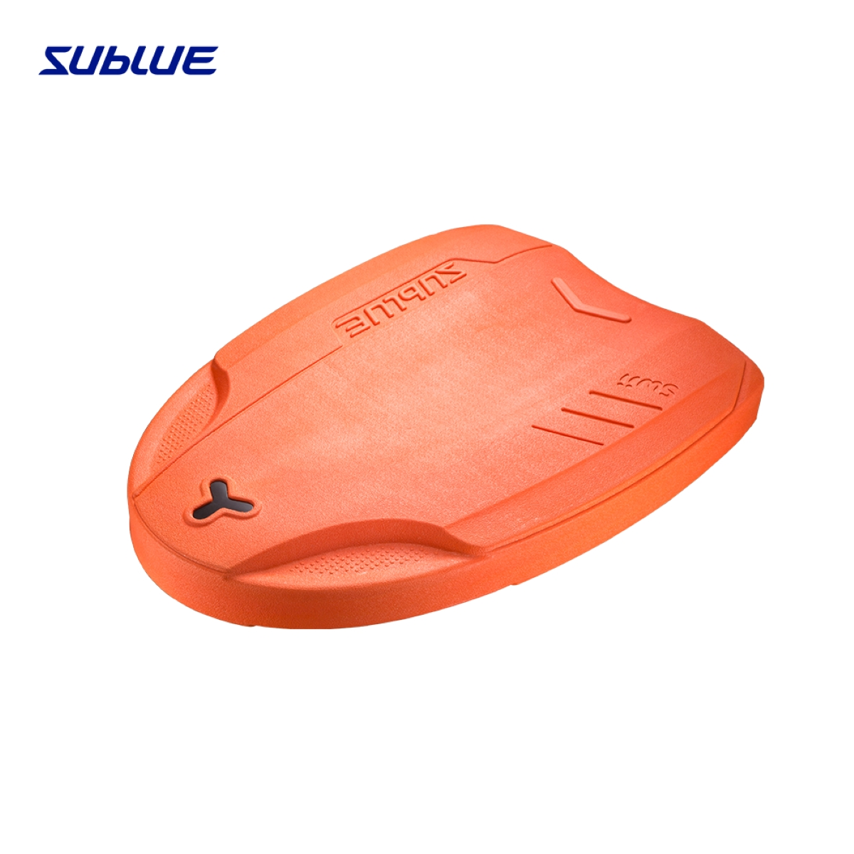 Orange Sublue swimming kickboard. The kickboard is on a white background. The Sublue brand is on the board.