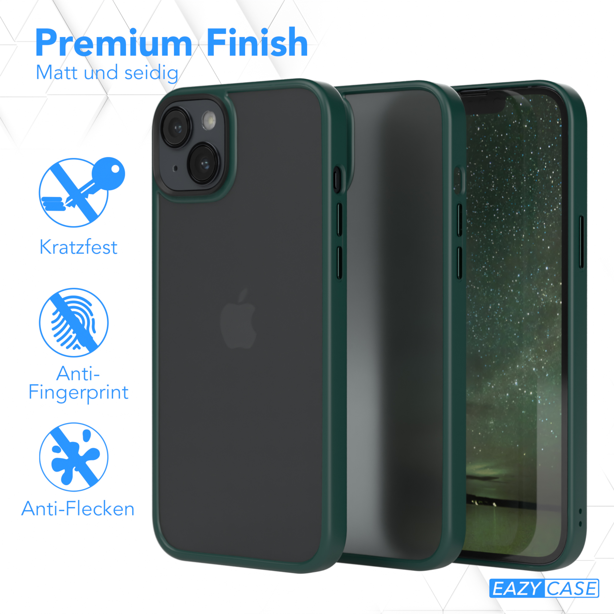 Grüne Handyhülle mit iPhone vor weißem Hintergrund. Text weist auf Premium-, kratzfeste Eigenschaften hin.