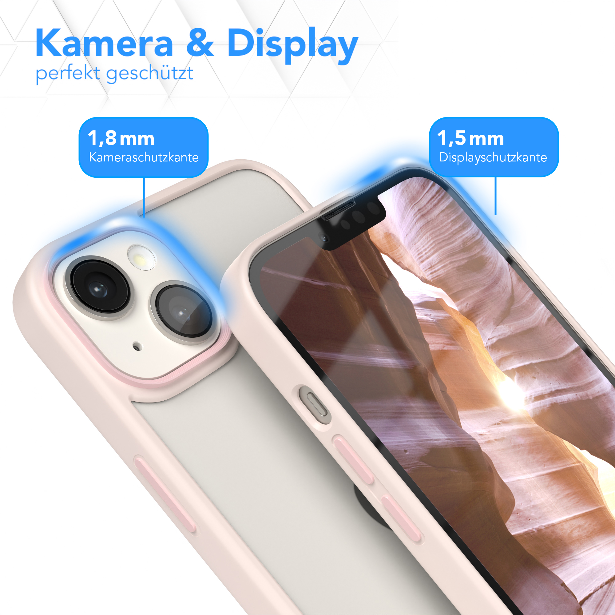 Nahaufnahme von Telefon und Hülle, die Kamera und Bildschirmkanten zeigen. Rosa und Schwarz sind zu sehen.