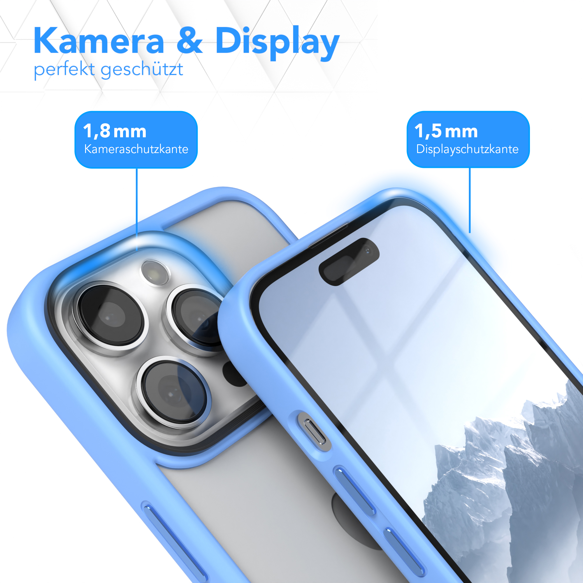 Handyhülle mit Telefon. Text: Kamera & Display perfekt geschützt.