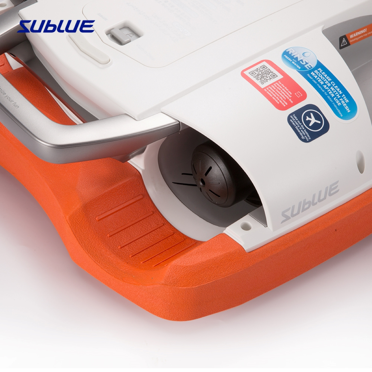 White and orange underwater scooter. The scooter is white with orange accents and the logo is visible.