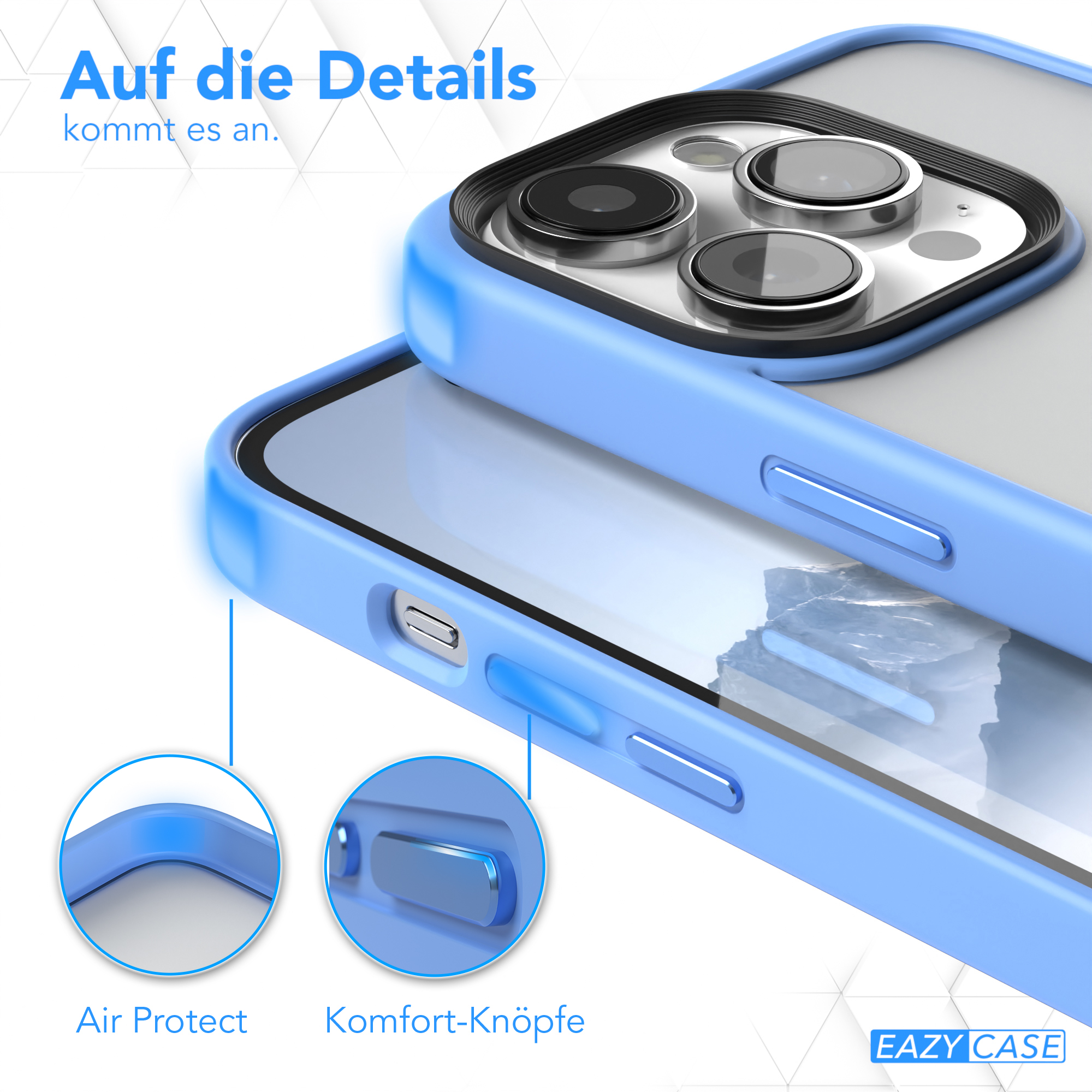 Nahaufnahme einer blauen Handyhülle mit Luftschutz und Komfortknöpfen.