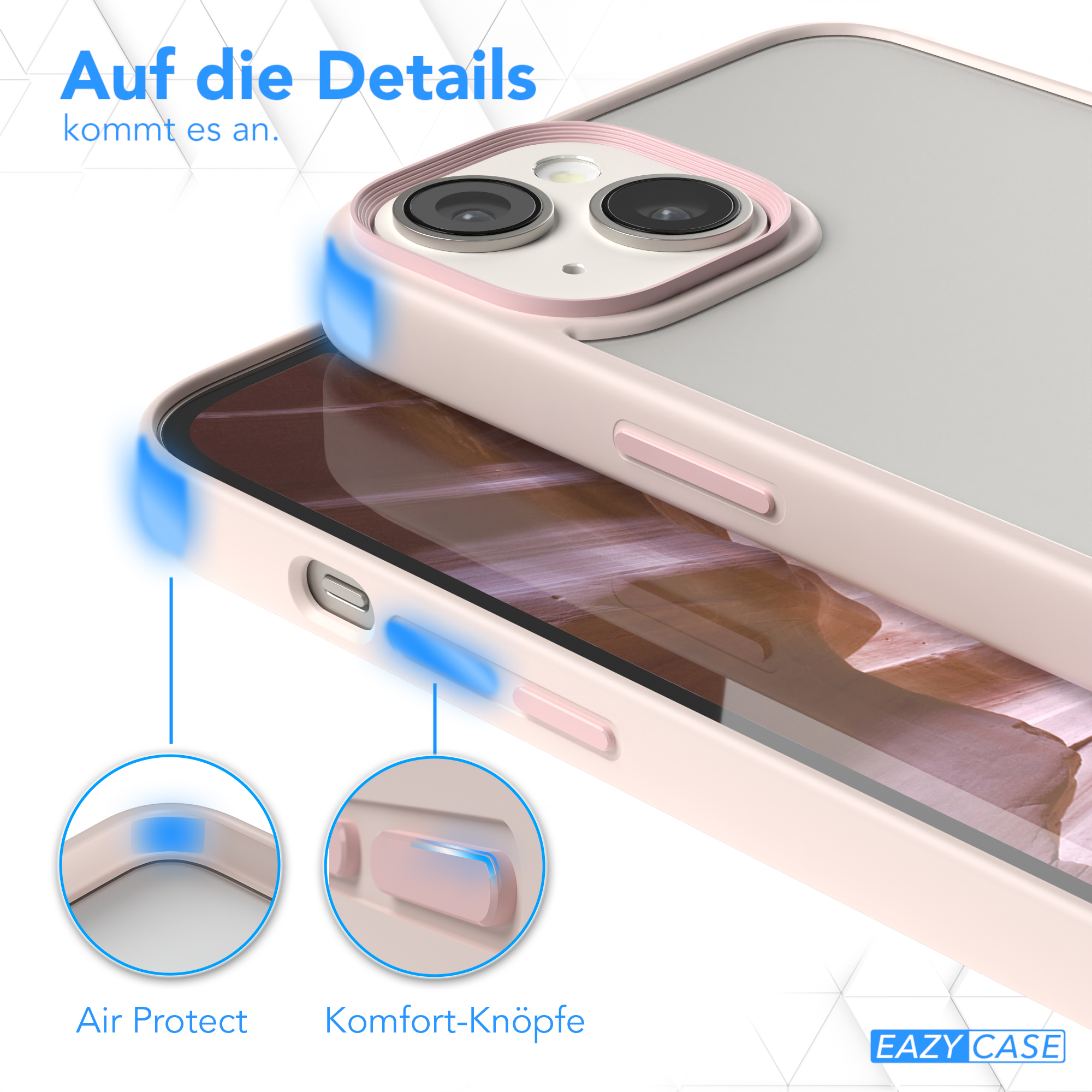 Eine Handyhülle, rosa Kanten, graue Rückseite, mit Etiketten für Air Protect und Comfort Knöpfe, Nahaufnahme.