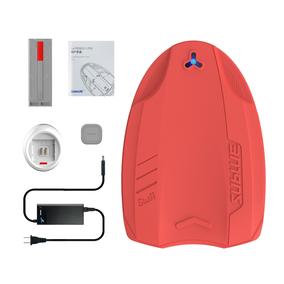 Red Sublue swimming board with accessories, including charger and battery.