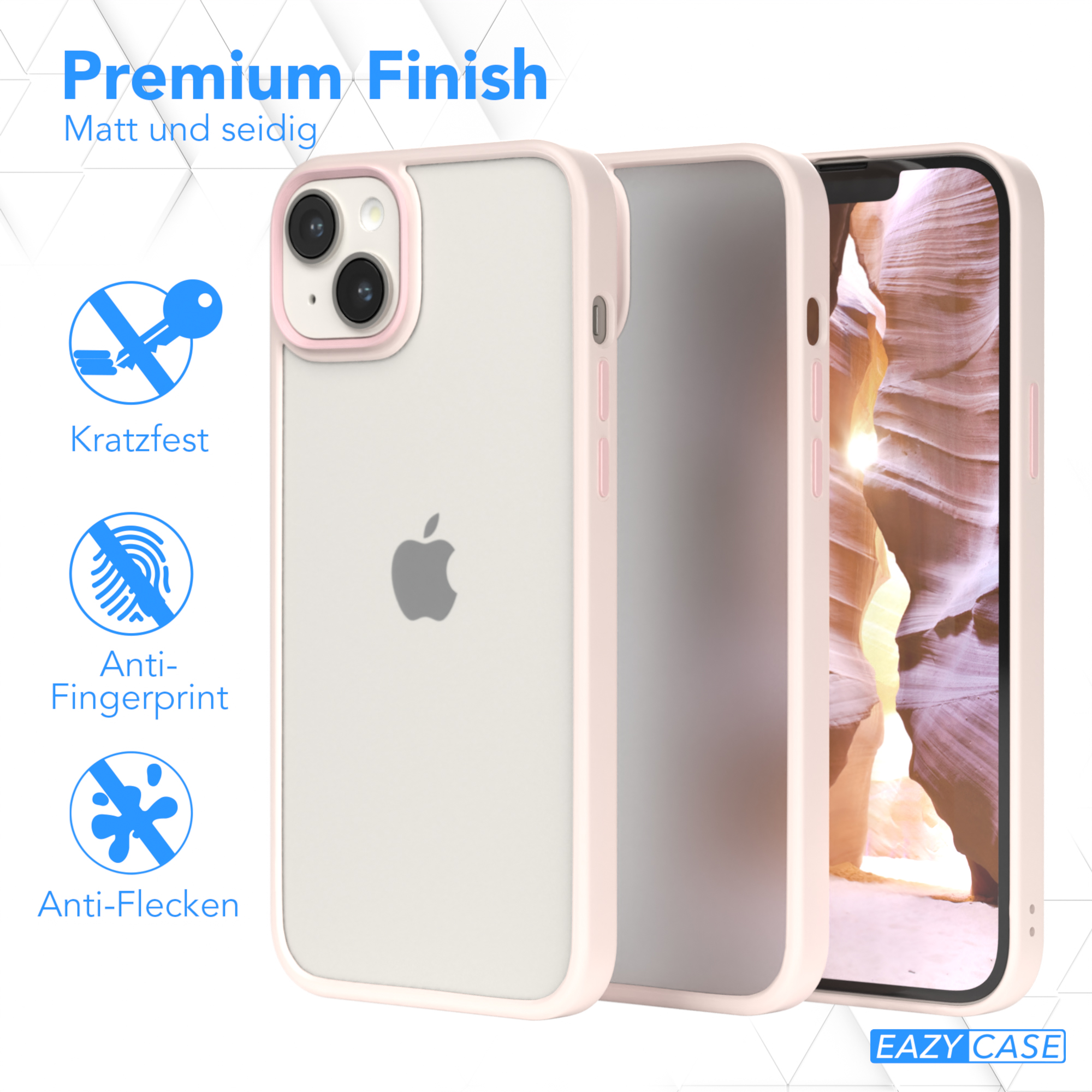 Ein iPhone in einer rosa Hülle. Die Hülle hat eine transparente Rückseite, mit Text und Logos.