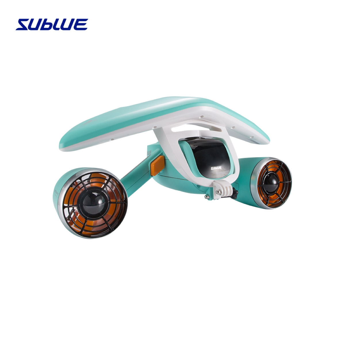 A teal and white underwater scooter with orange details, on a white background.