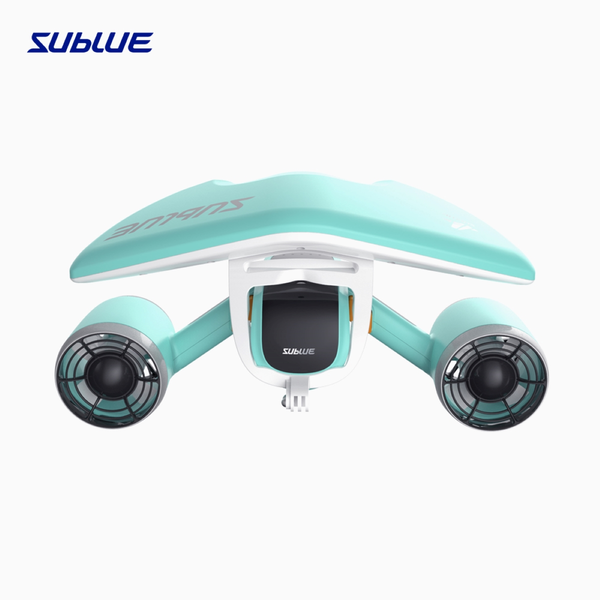 Sublue underwater scooter, teal and white, with a propeller on each side.