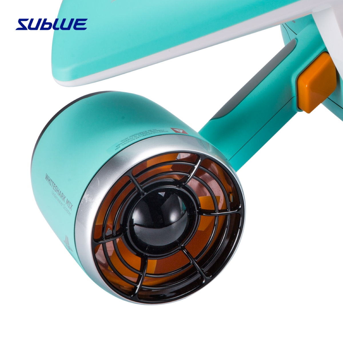 A teal underwater scooter with a white background. Sublue is written on it.