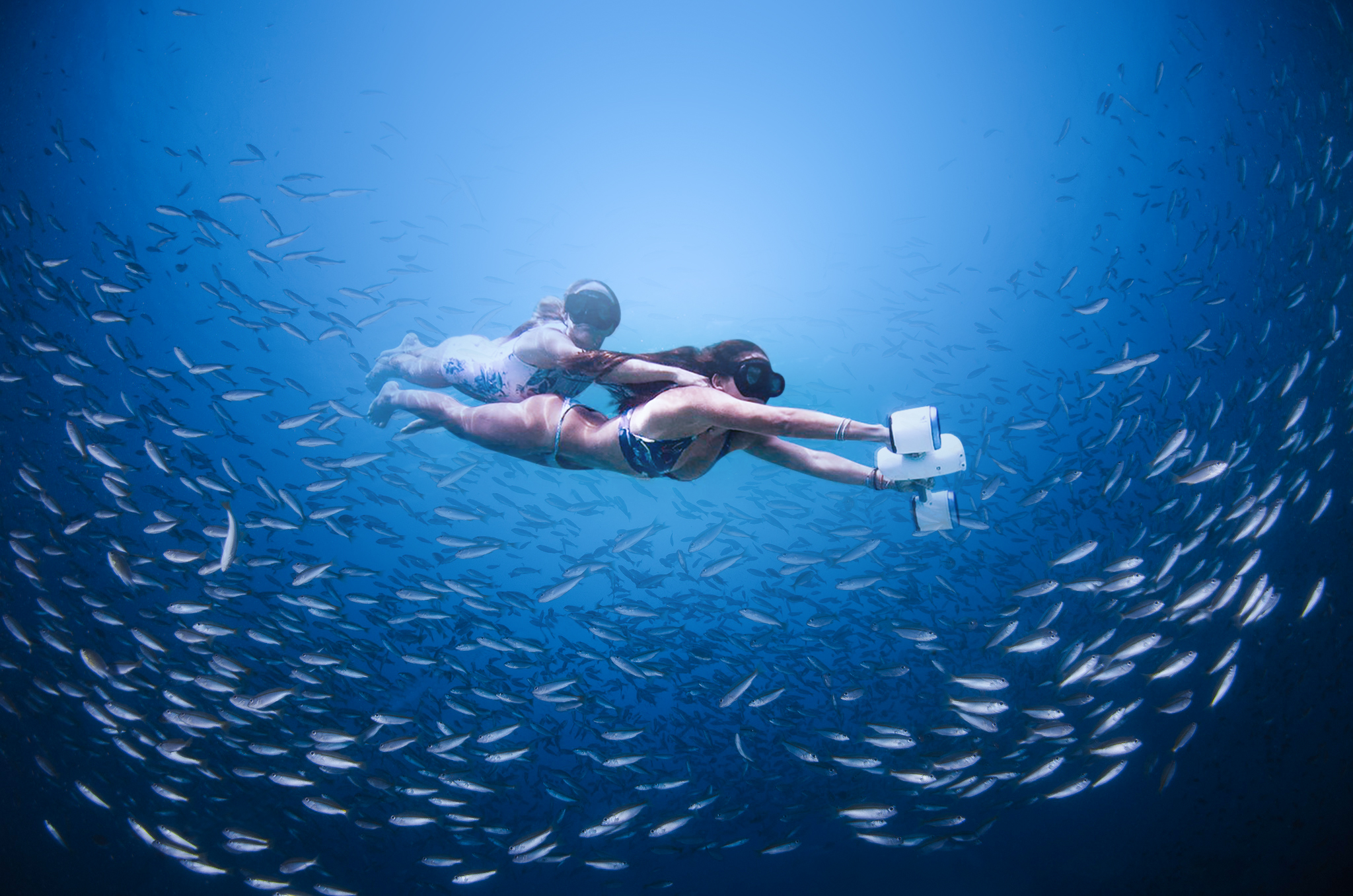 Two people underwater, swimming through a school of fish. One person holds a device.