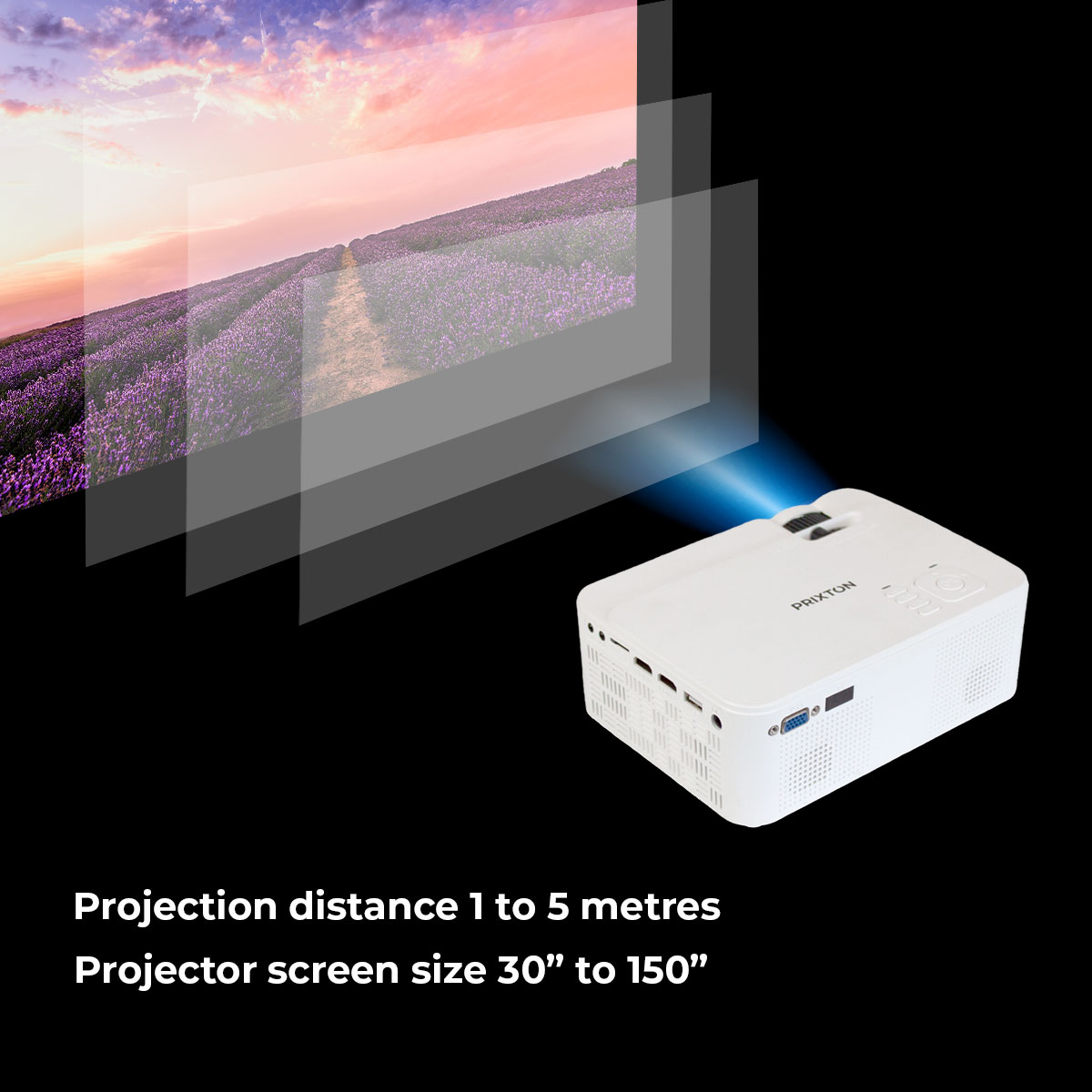 Biały projektor wyświetlający na wielu warstwach ekranu. Pokazano fioletowy krajobraz.