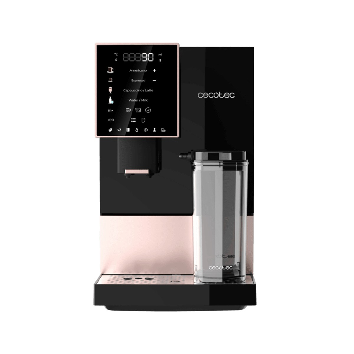 Macchina da caffè nera e oro rosa con display touchscreen e contenitore dell'acqua.