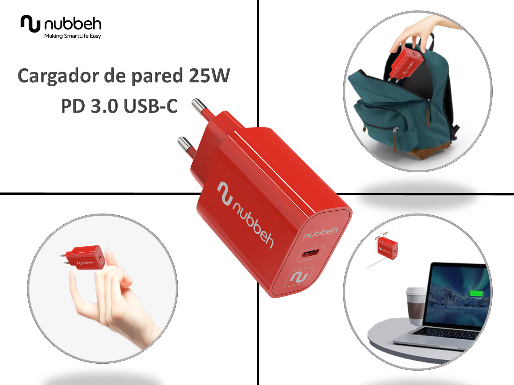 Un cargador de pared rojo con un puerto USB-C, con imágenes que muestran su uso con un portátil y en una bolsa.