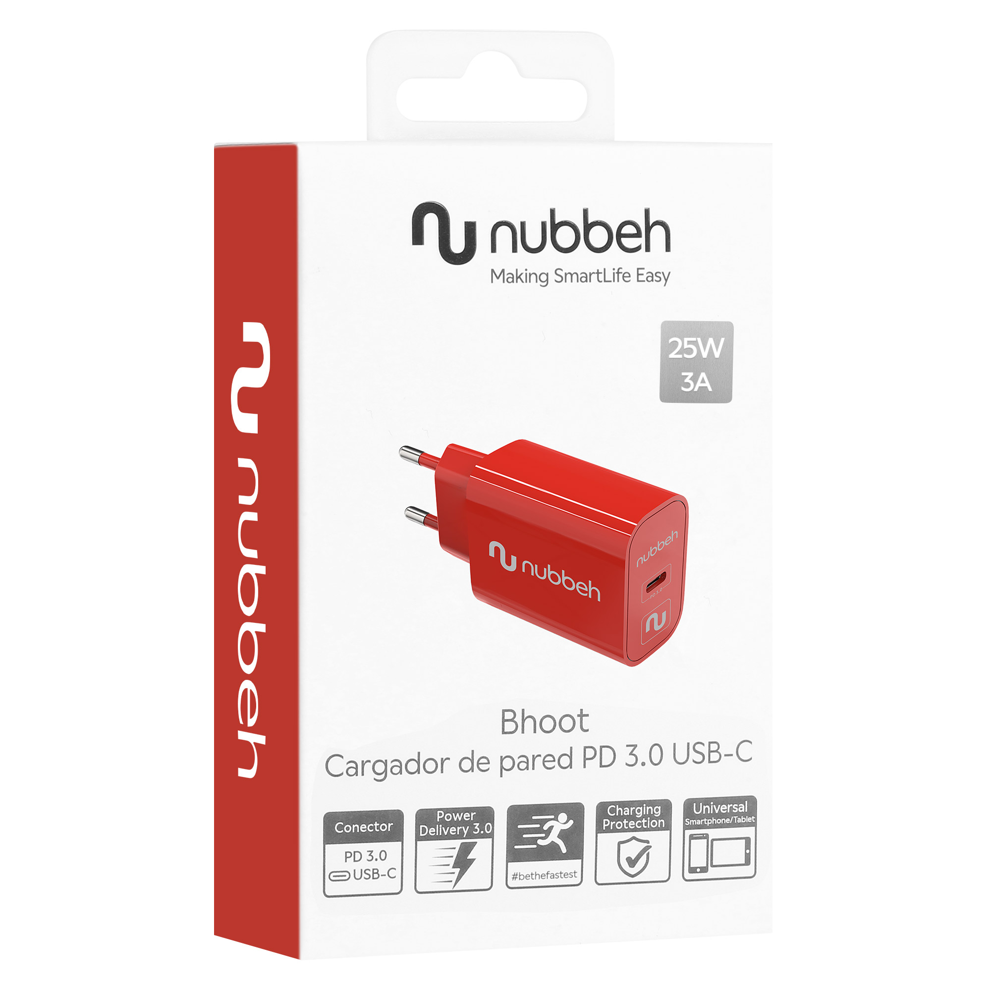 Un cargador rojo para dispositivos USB-C, en una caja blanca con marca y especificaciones.