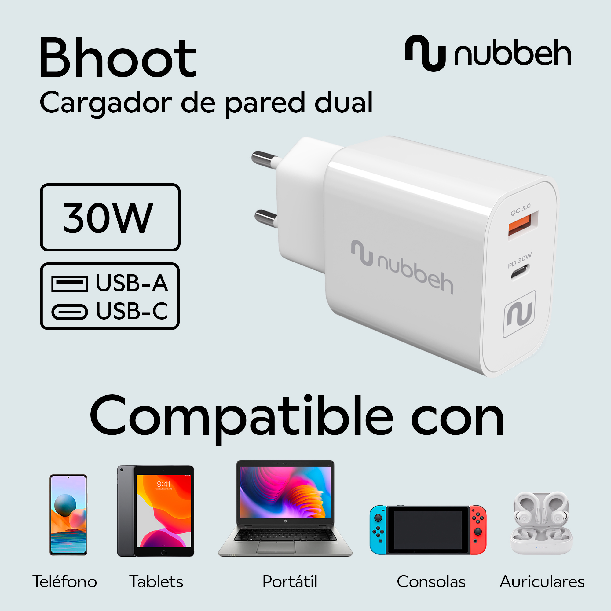 Cargador de pared dual blanco y gris con puertos USB-A y USB-C. Dispositivos compatibles abajo.