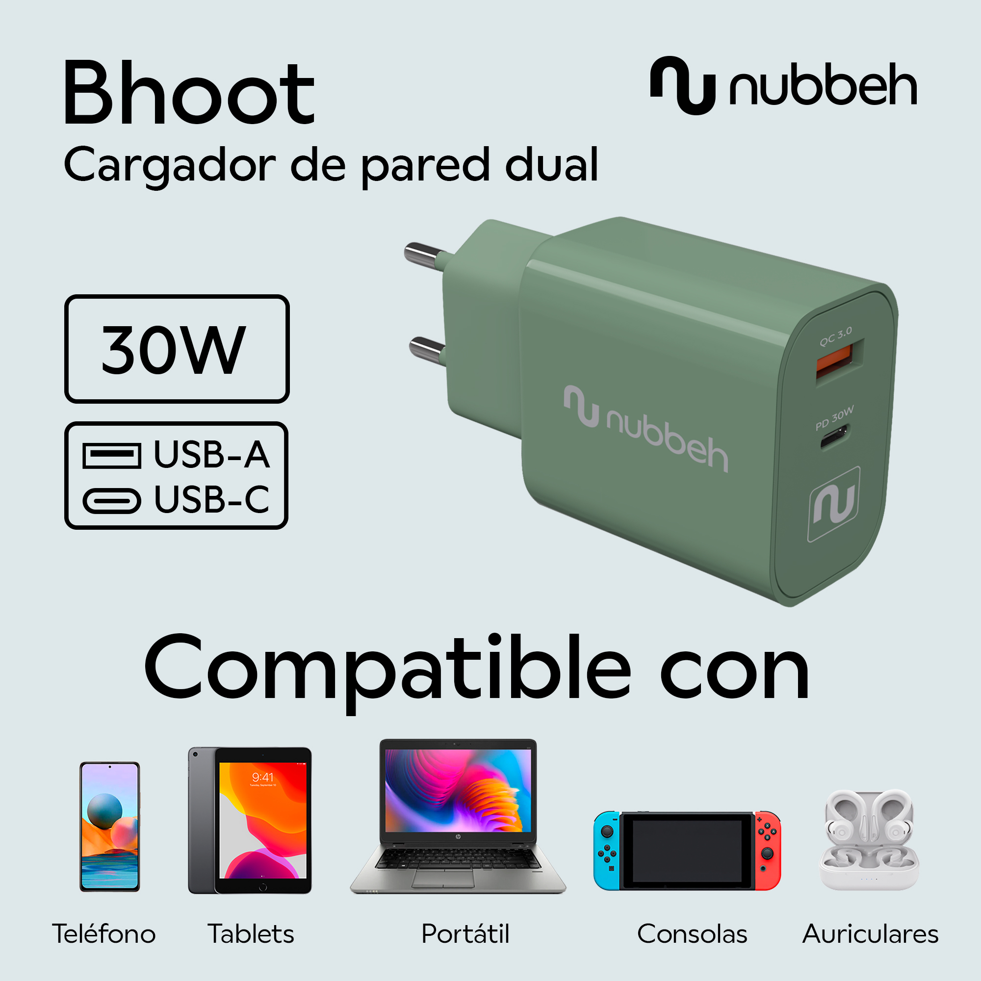 Cargador de pared verde con puertos USB-A y USB-C.