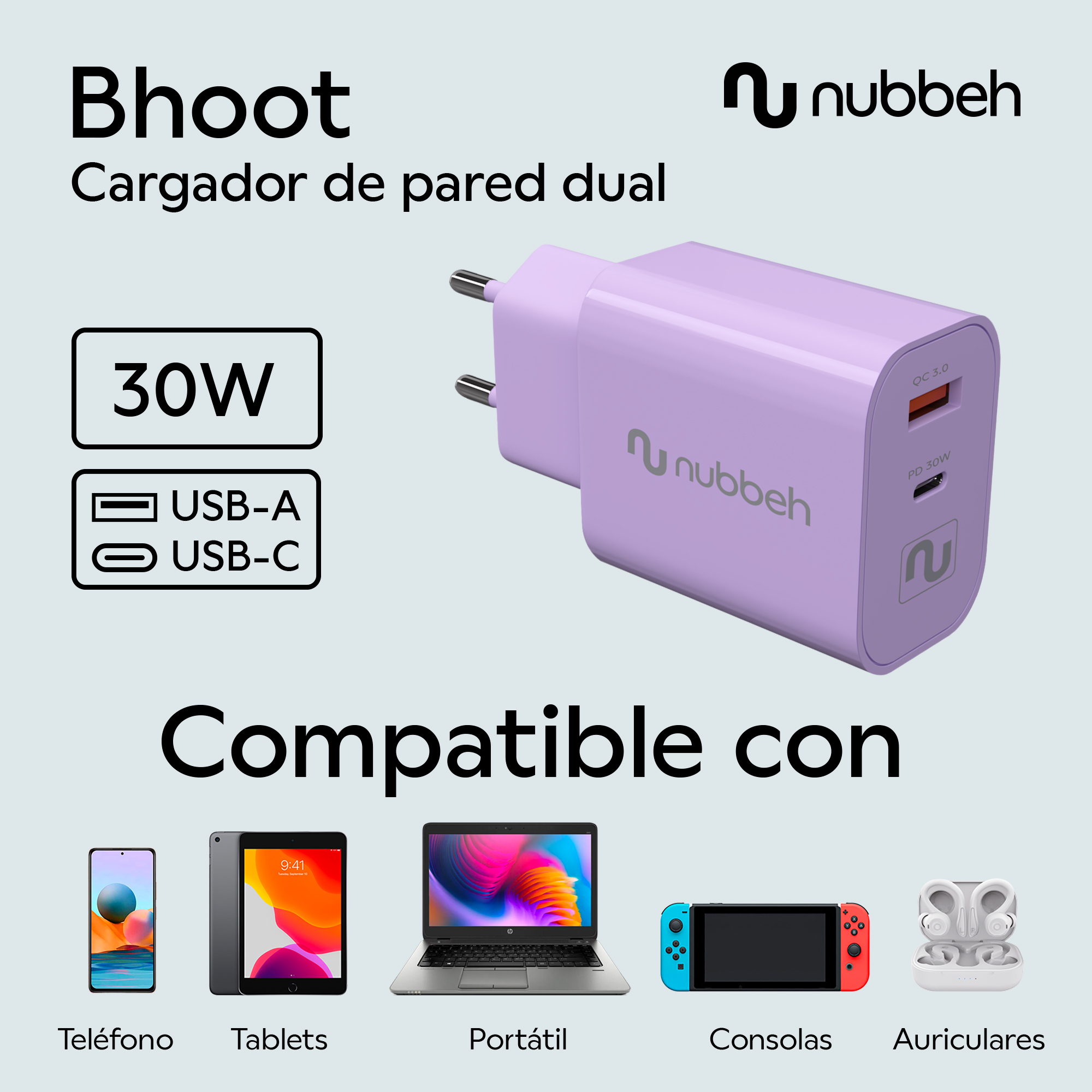 Un cargador de teléfono morado con un puerto USB-A y USB-C. Es compatible con varios dispositivos.