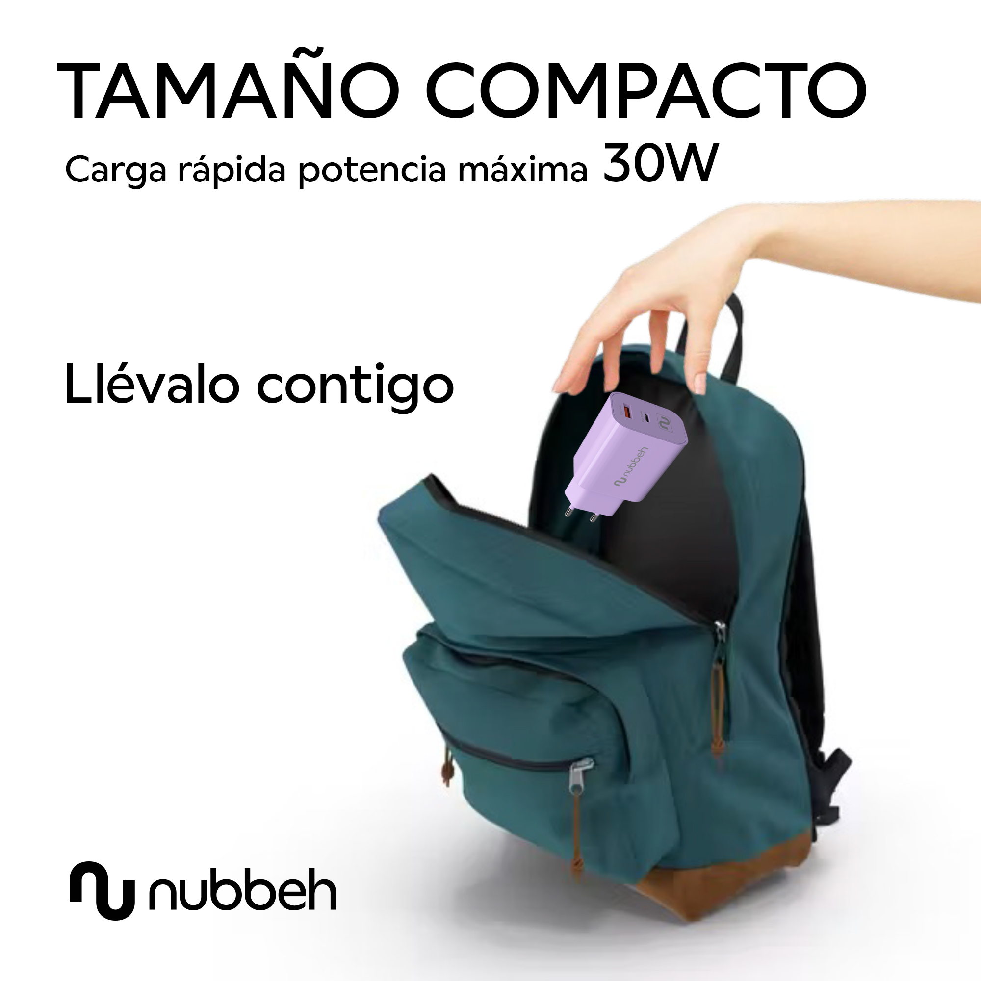 Un cargador morado se saca de una mochila. El texto dice 'tamaño compacto' y 'carga rápida'.