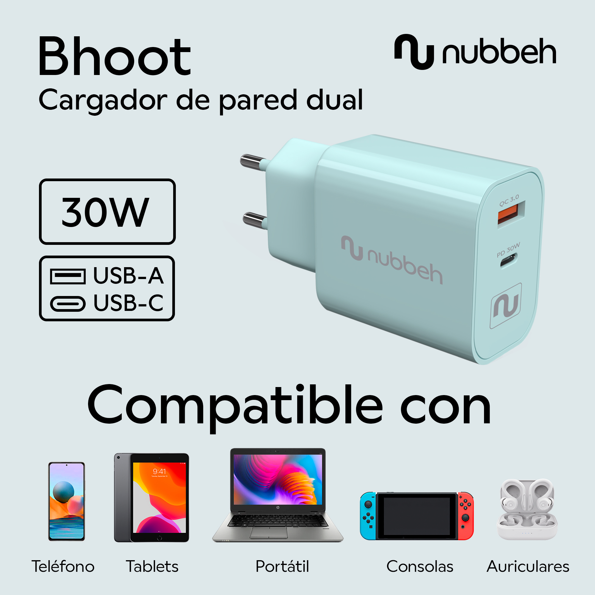 Cargador con puertos USB y teléfono, tableta, portátil, consola y auriculares para compatibilidad.