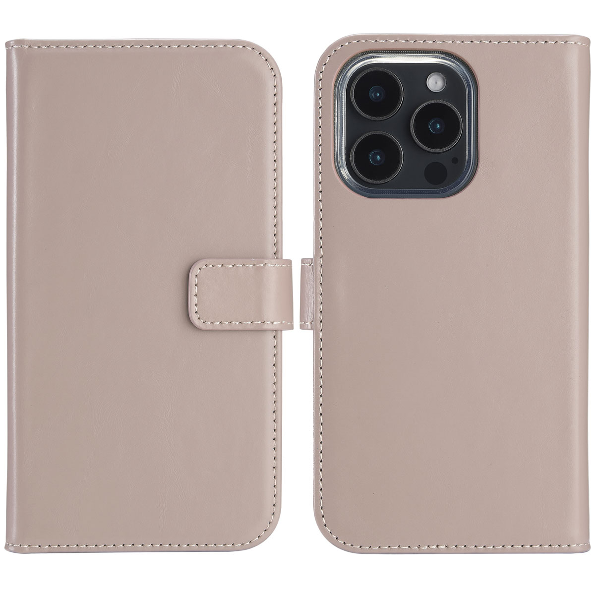 Housse de téléphone rose avec fermeture magnétique. Le téléphone est à l'intérieur, avec la caméra visible.