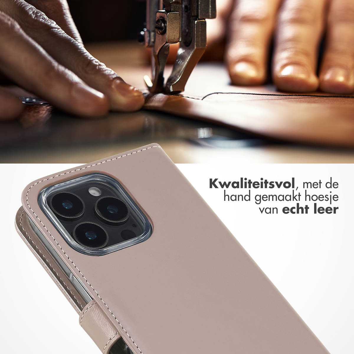 Handnähen von Leder. Eine Handyhülle wird gezeigt. Text: Hochwertiges, handgefertigtes Echtleder.