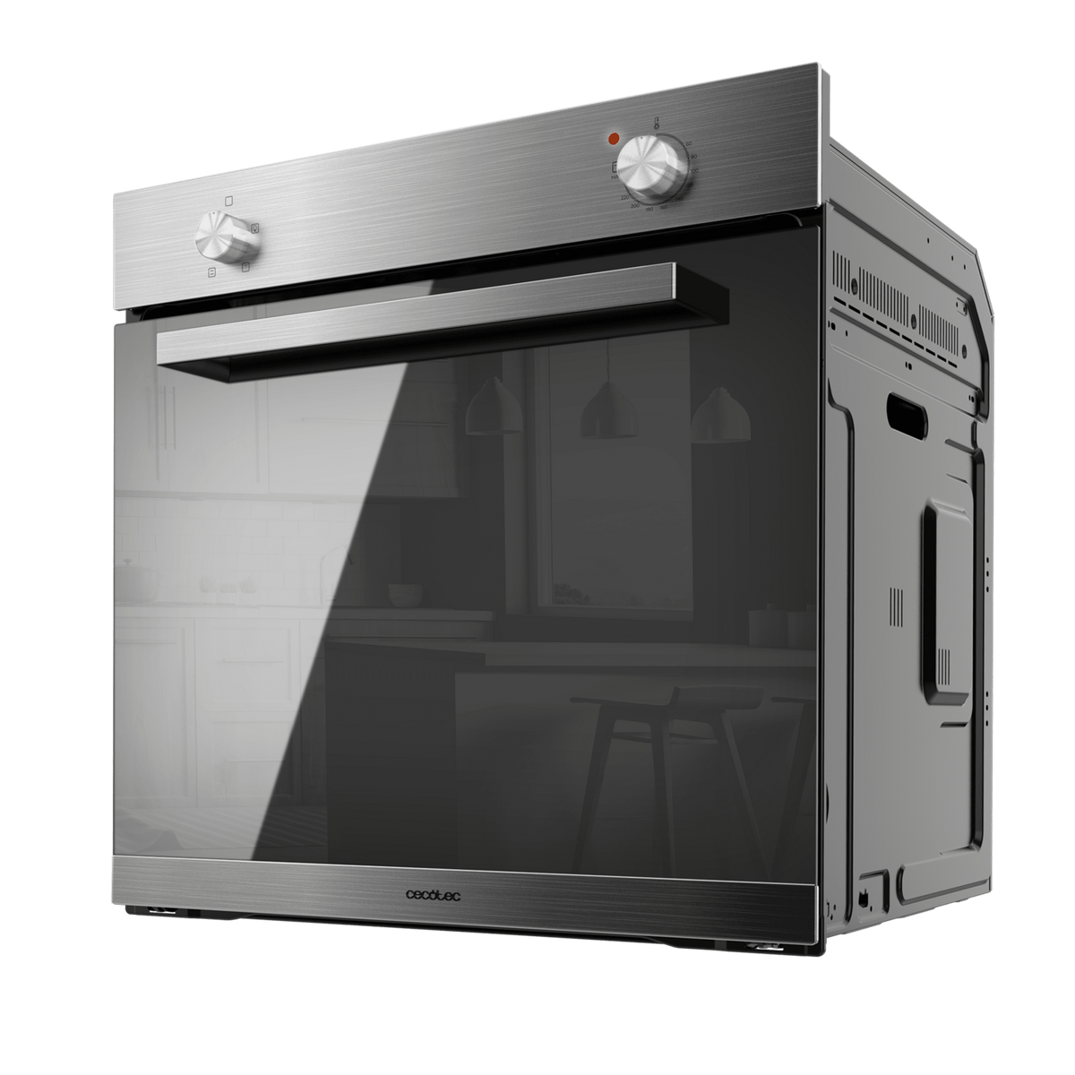 Horno de acero inoxidable con puerta de cristal. Mandos arriba, cocina borrosa detrás.