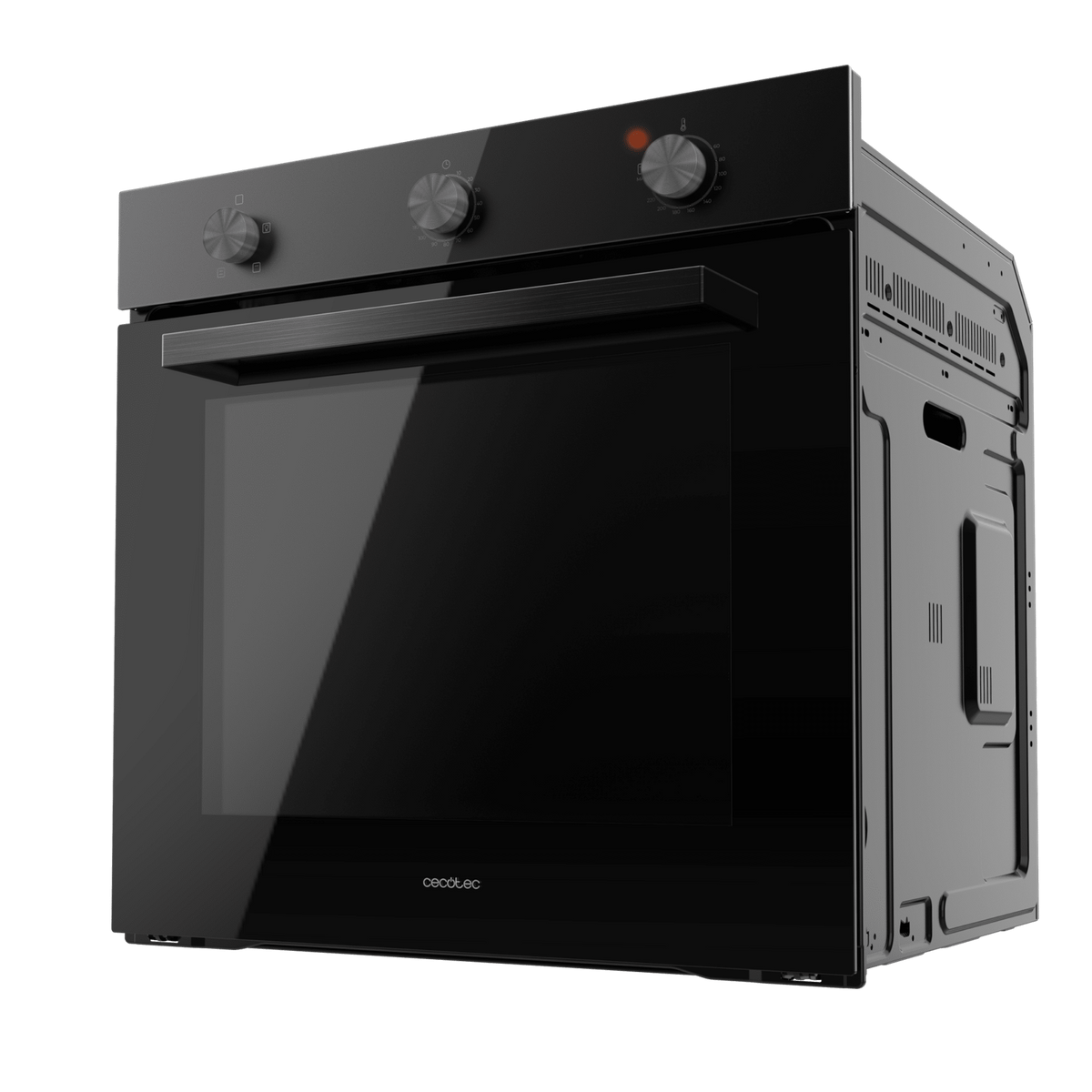 Horno negro con puerta de cristal y mandos de control. El horno está sobre fondo negro.