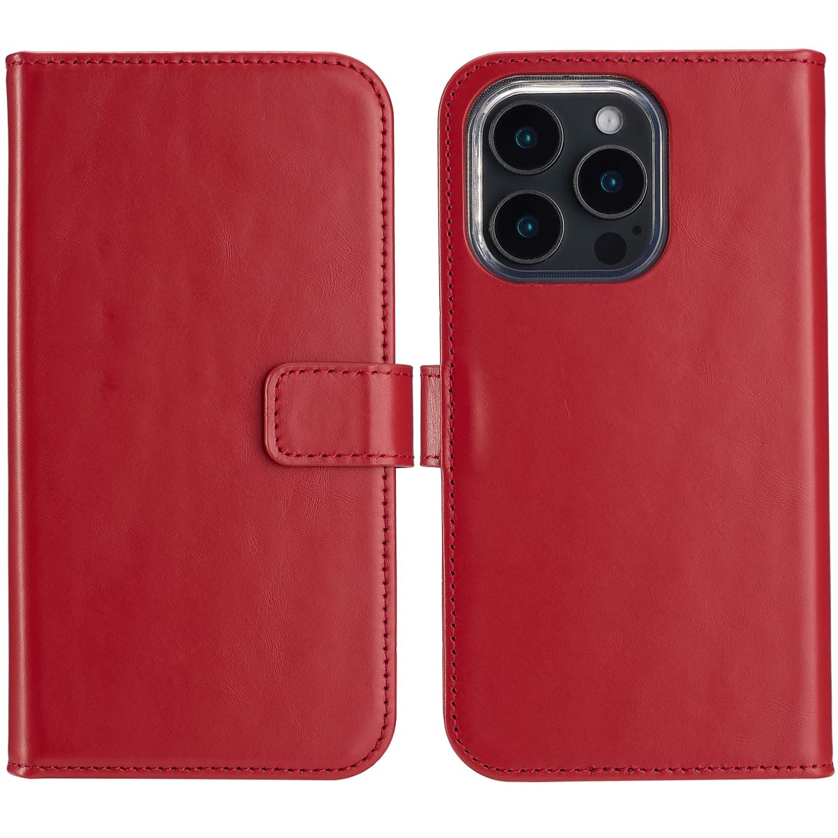 Eine rote Handyhülle, offen, mit einem Telefon darin.