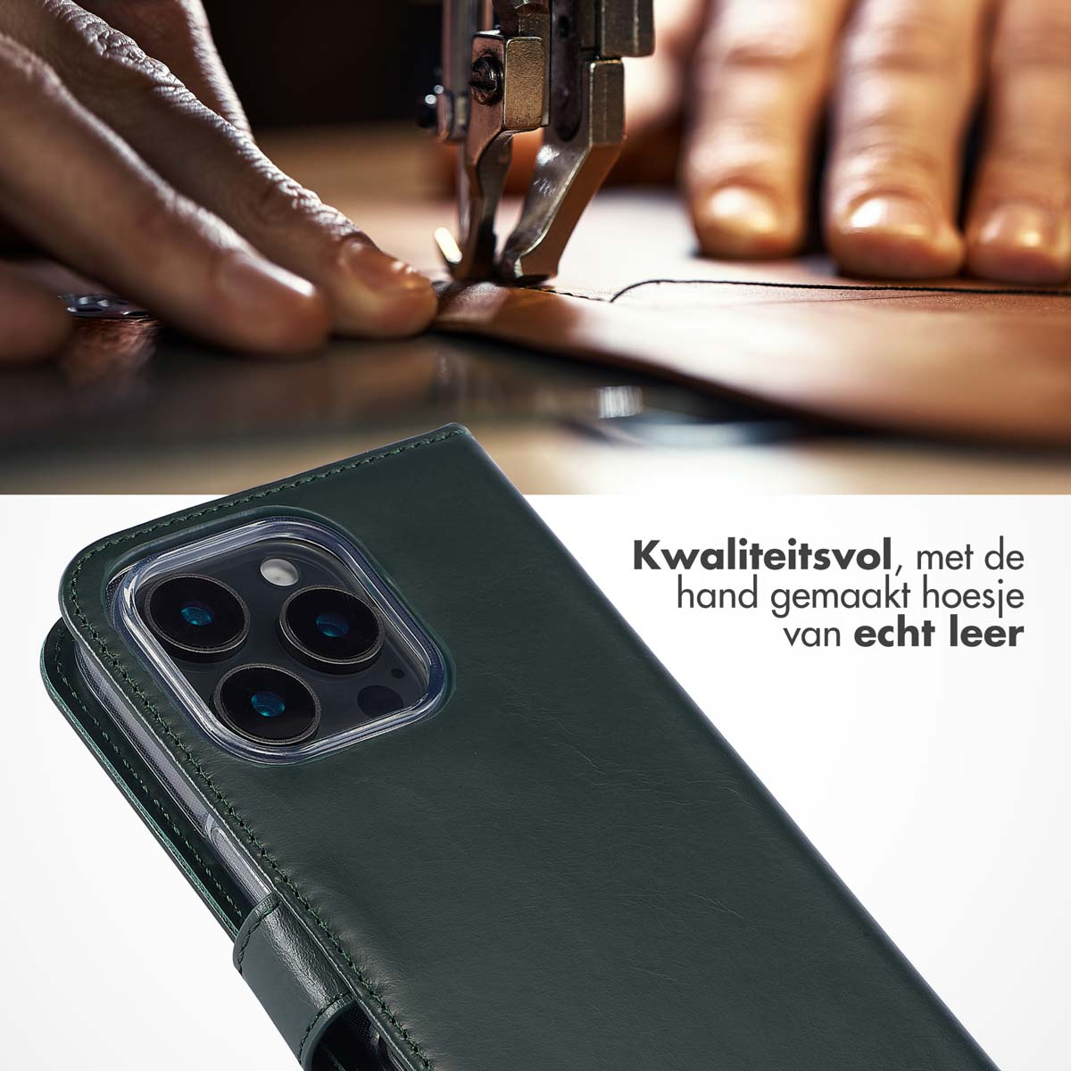 Grüne Leder-Handyhülle mit Telefon darin. Nähen und Text im Bild. Weißer Hintergrund.