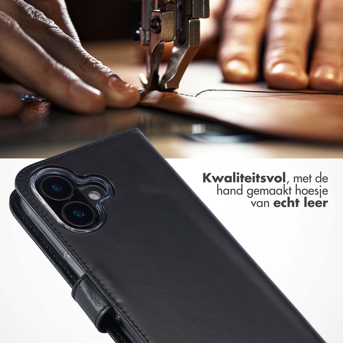 Zwarte leren telefoonhoes met telefoon erin, handen die leer naaien.