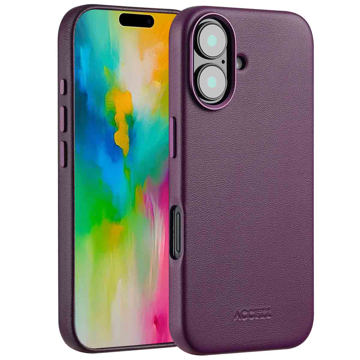 Een paarse telefoonhoes met een telefoon erin, op een witte achtergrond. De hoes heeft een uitsparing voor de camera.
